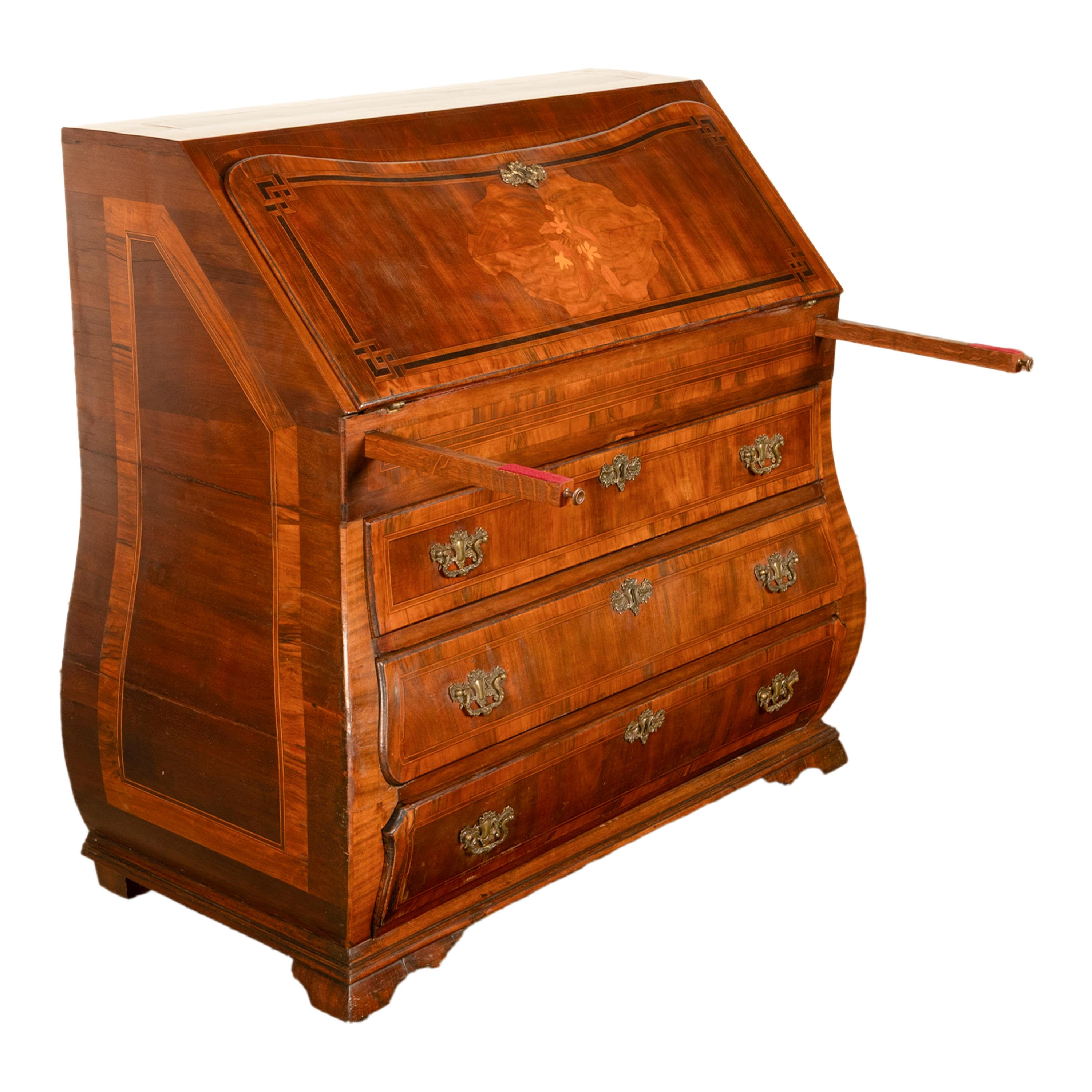 Antique Dutch Rococo Inlaid Marquetry Walnut Bombe Secretary Desk Bureau 1780 For Sale 8