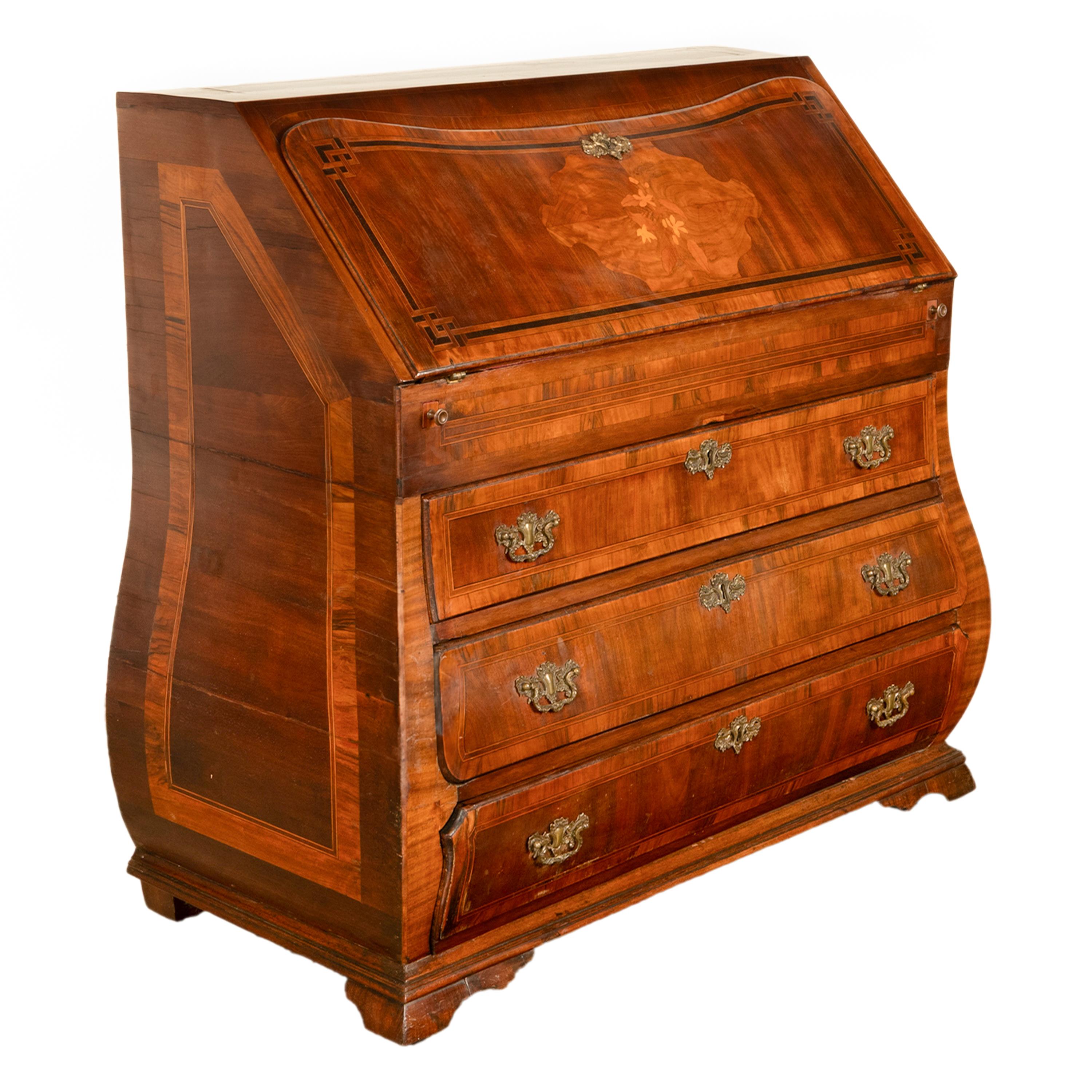 Antique Dutch Rococo Inlaid Marquetry Walnut Bombe Secretary Desk Bureau 1780 For Sale 9