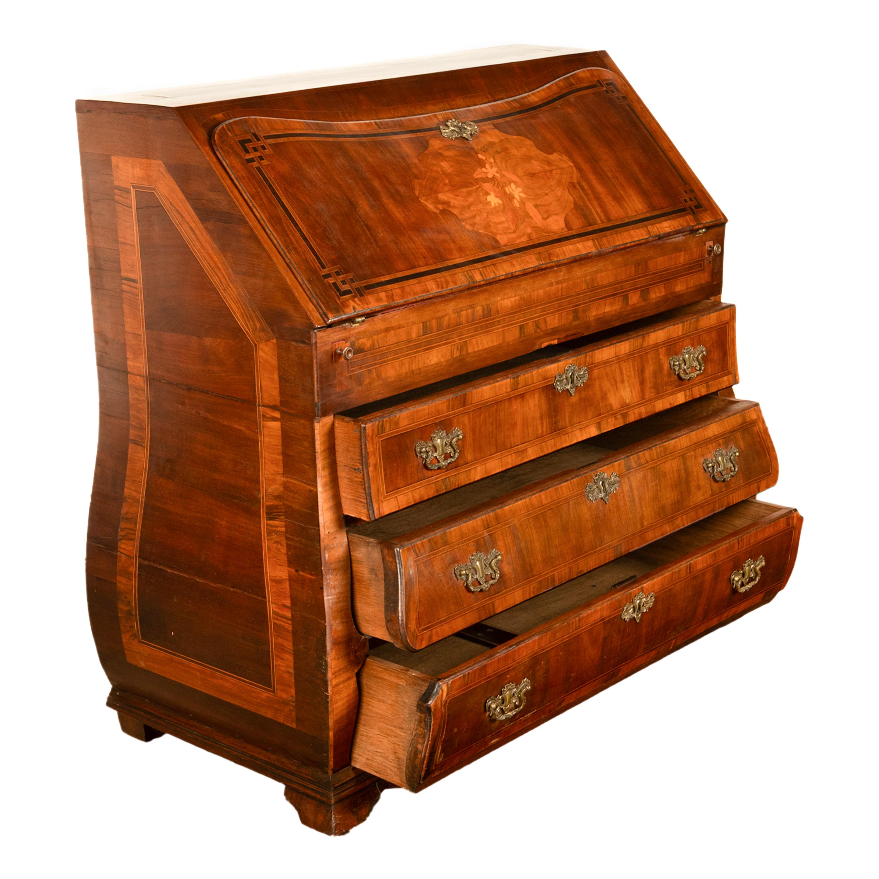 Antique Dutch Rococo Inlaid Marquetry Walnut Bombe Secretary Desk Bureau 1780 For Sale 10