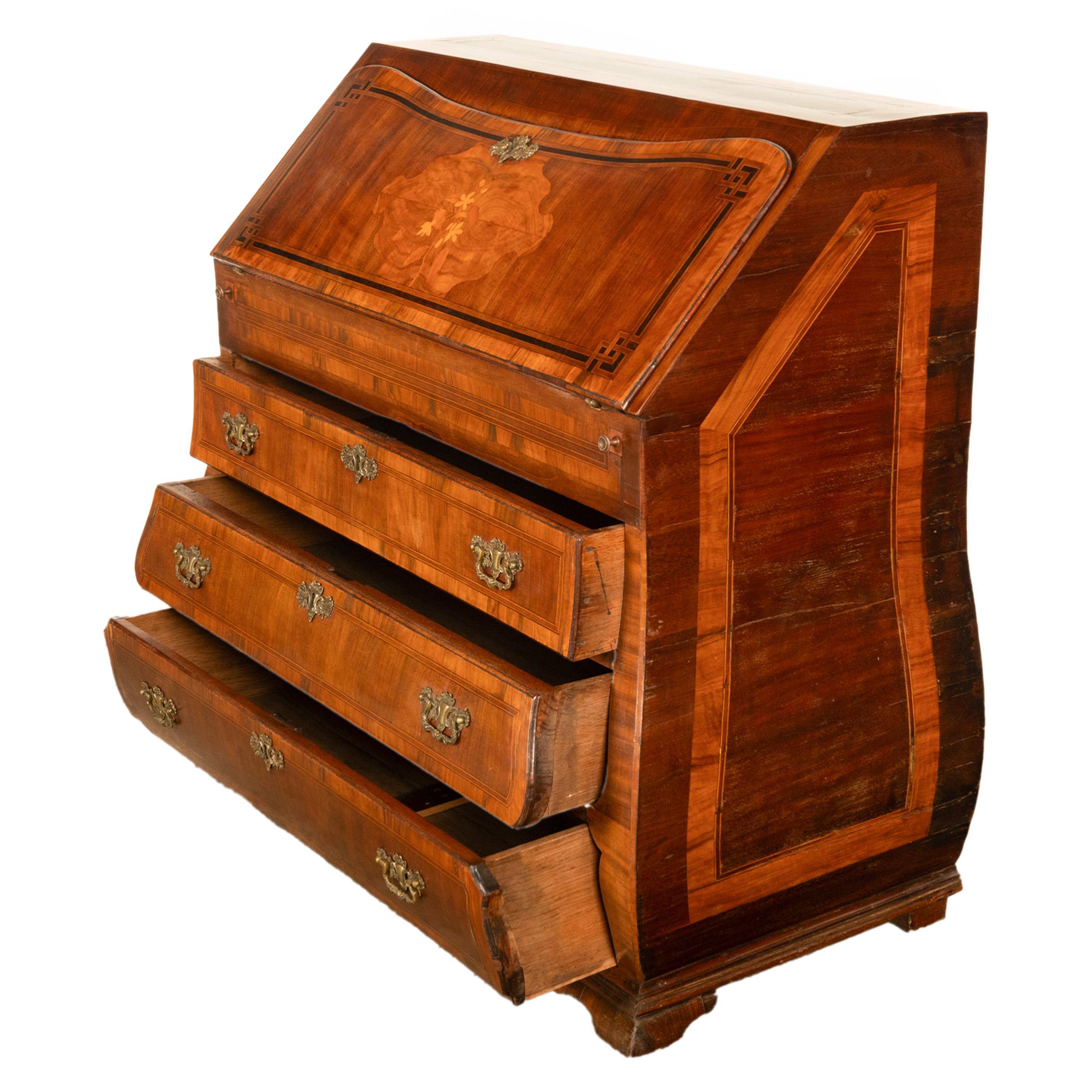 Antique Dutch Rococo Inlaid Marquetry Walnut Bombe Secretary Desk Bureau 1780 For Sale 11