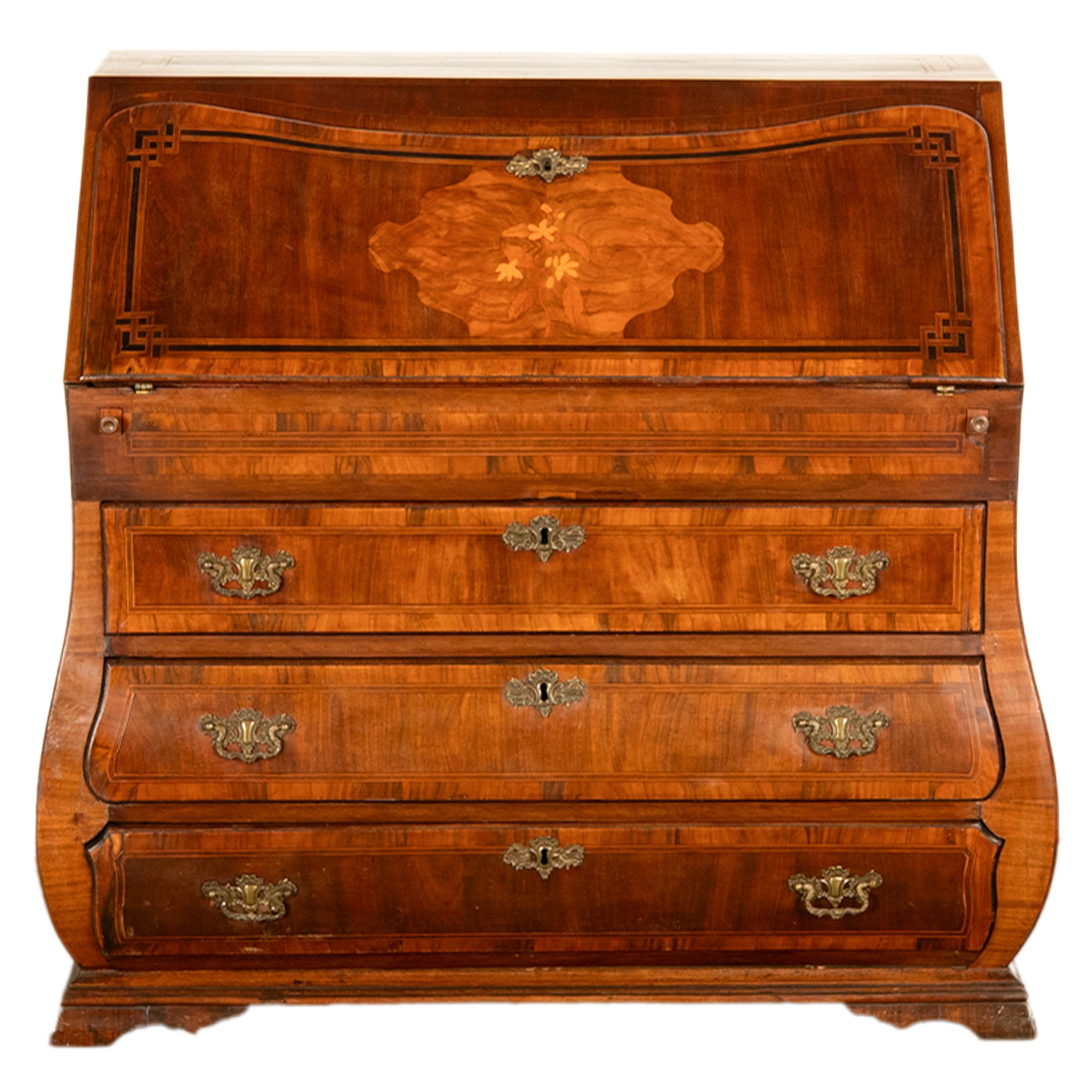 Inlay Antique Dutch Rococo Inlaid Marquetry Walnut Bombe Secretary Desk Bureau 1780 For Sale
