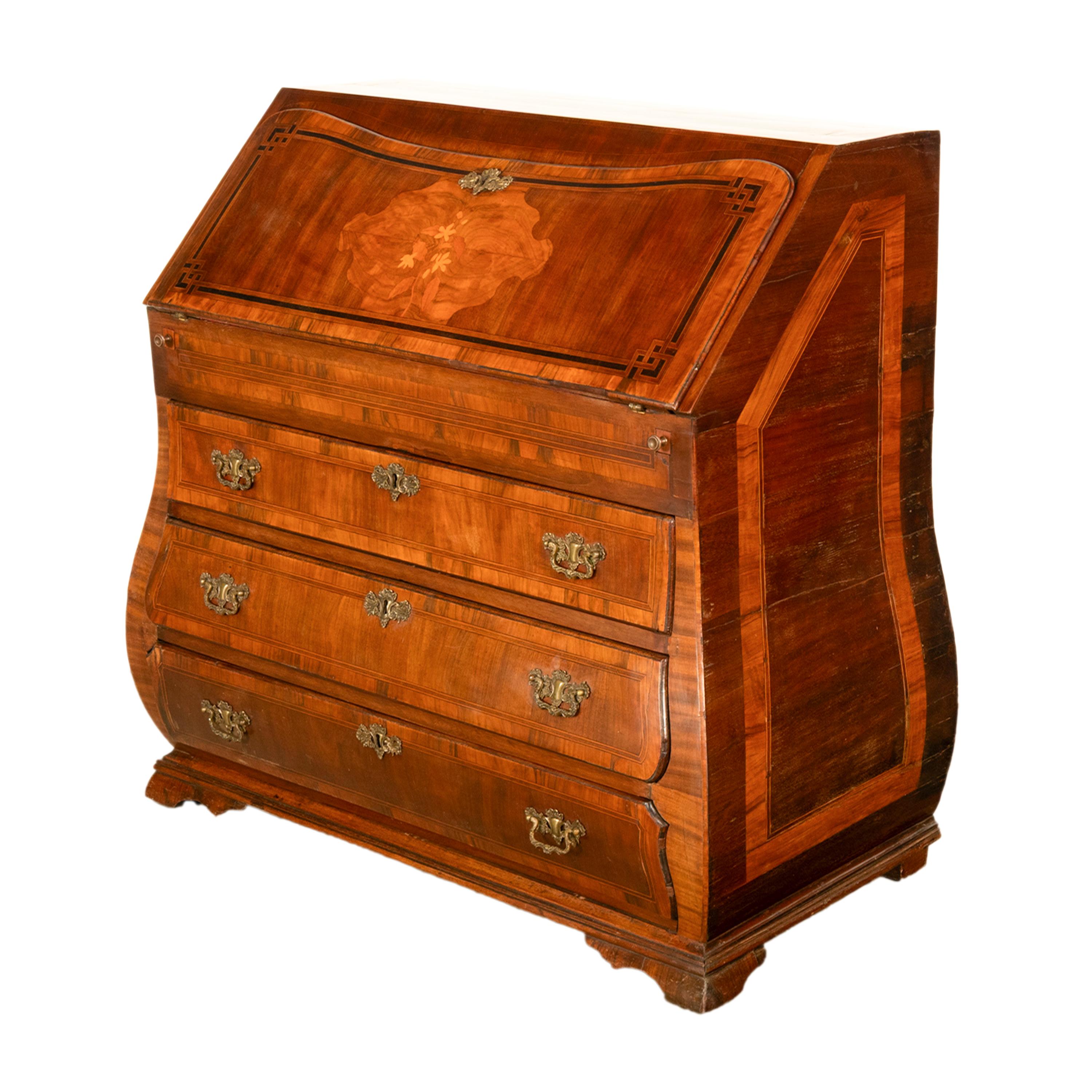 Antique Dutch Rococo Inlaid Marquetry Walnut Bombe Secretary Desk Bureau 1780 In Good Condition For Sale In Portland, OR