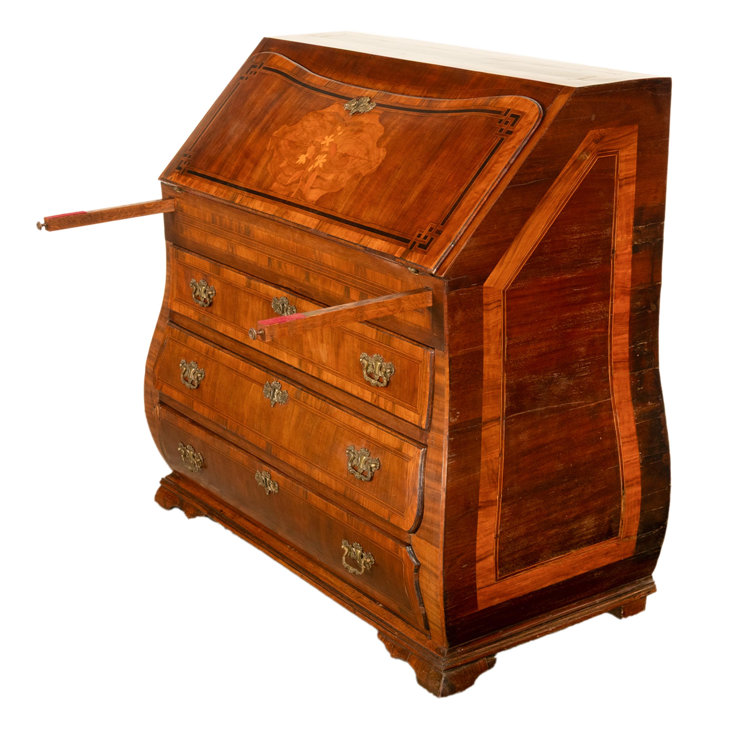 Late 18th Century Antique Dutch Rococo Inlaid Marquetry Walnut Bombe Secretary Desk Bureau 1780 For Sale