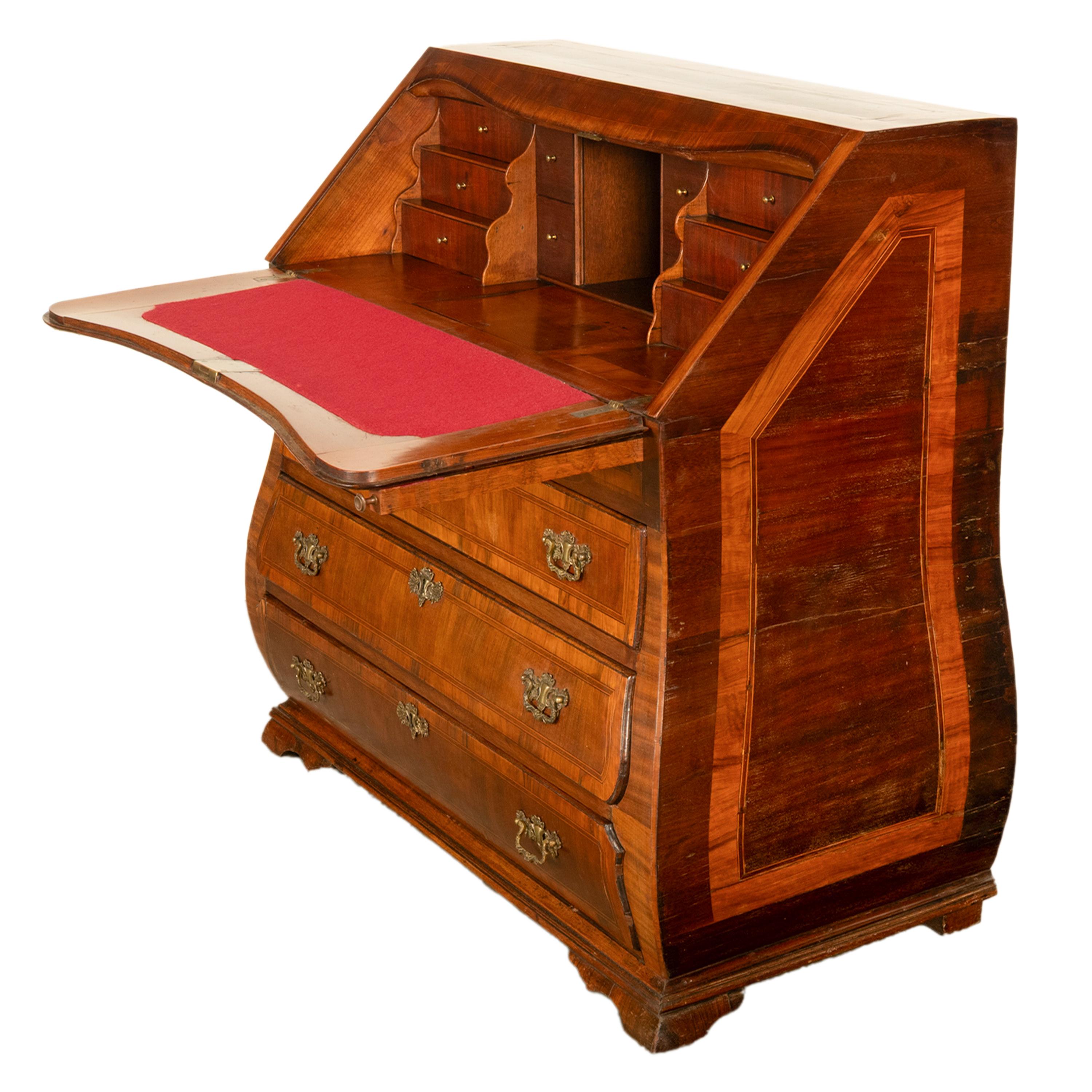 Fruitwood Antique Dutch Rococo Inlaid Marquetry Walnut Bombe Secretary Desk Bureau 1780 For Sale