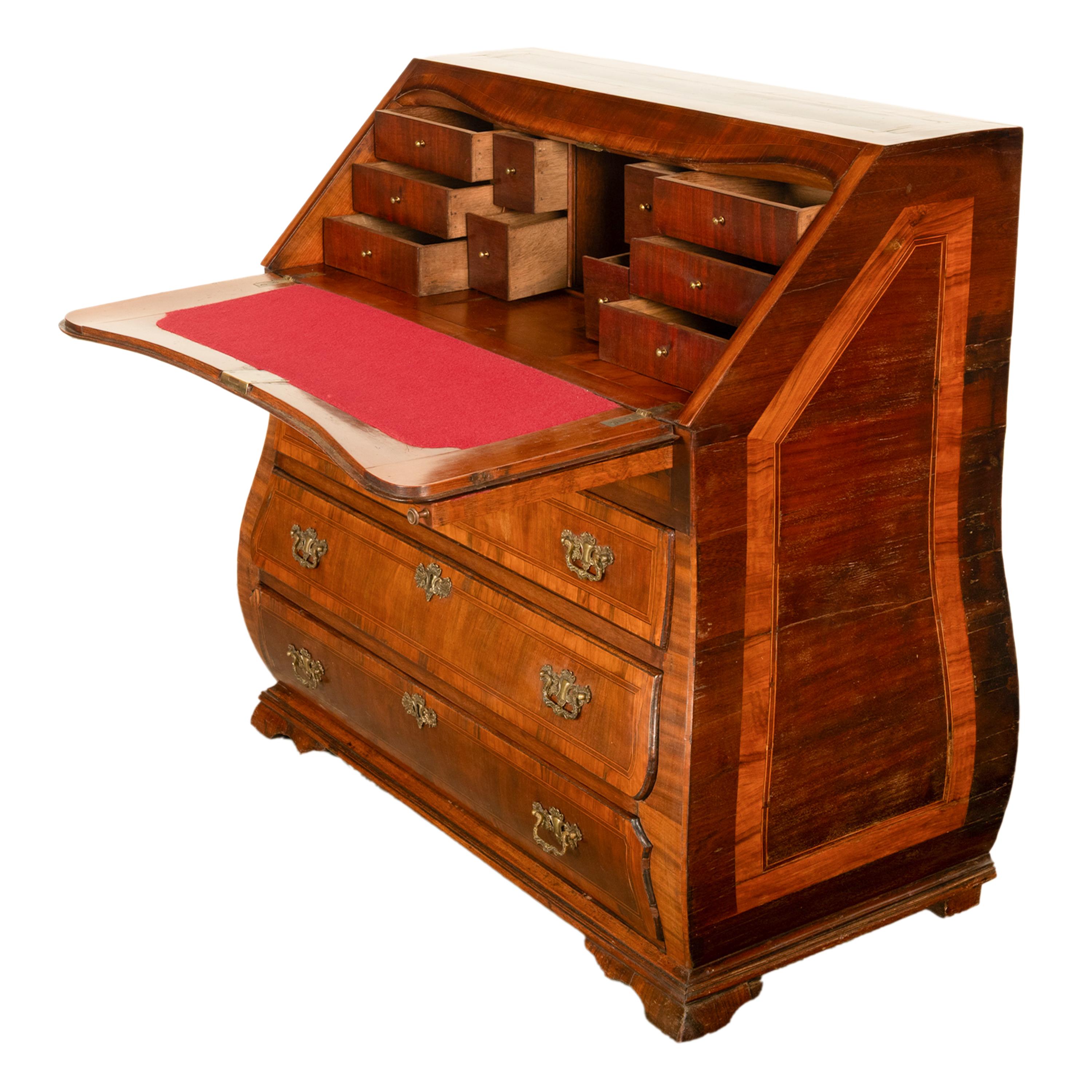 Antique Dutch Rococo Inlaid Marquetry Walnut Bombe Secretary Desk Bureau 1780 For Sale 1