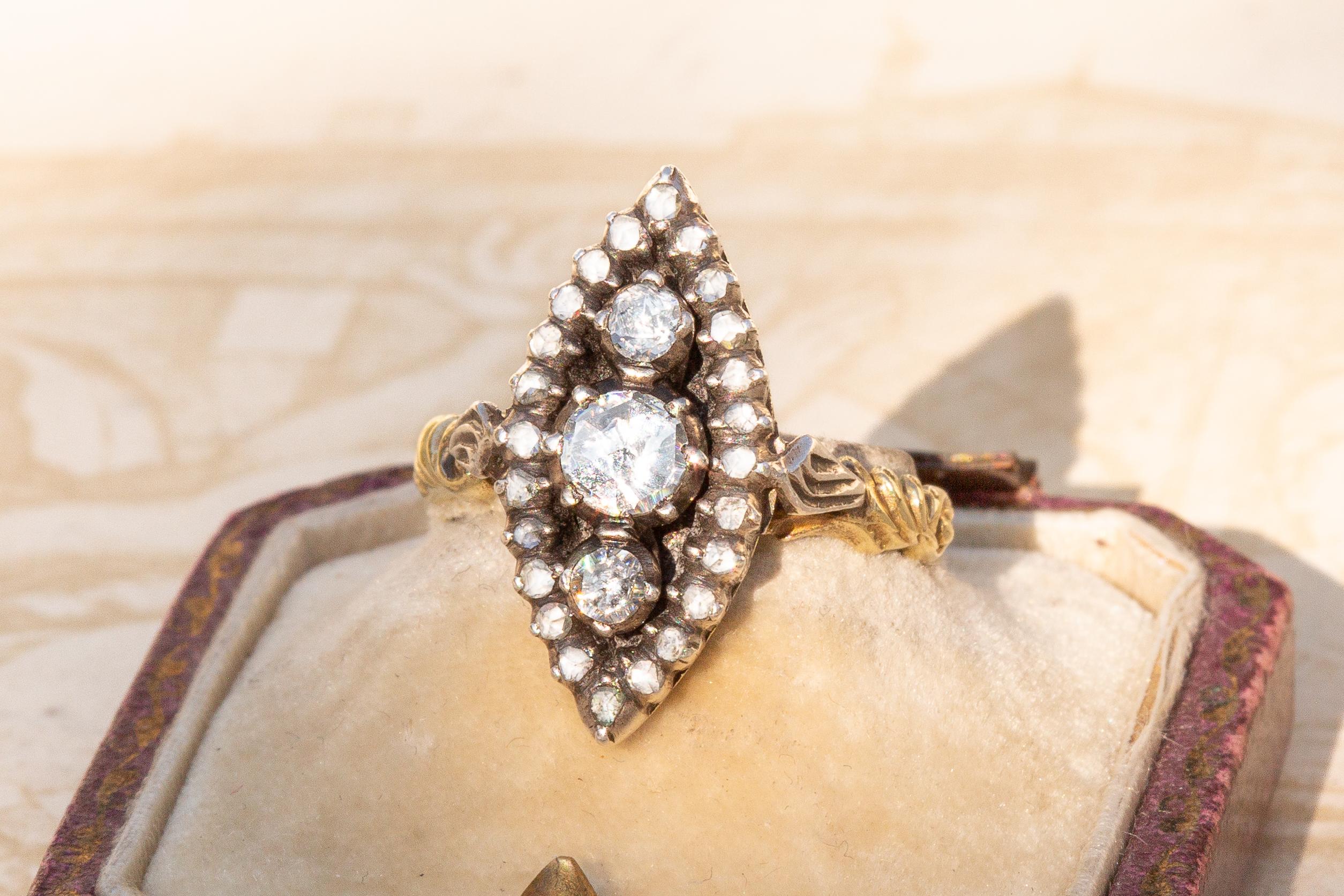 Antique Dutch Rose Cut Diamond 14K Gold Navette Marquise Cluster Ring 2