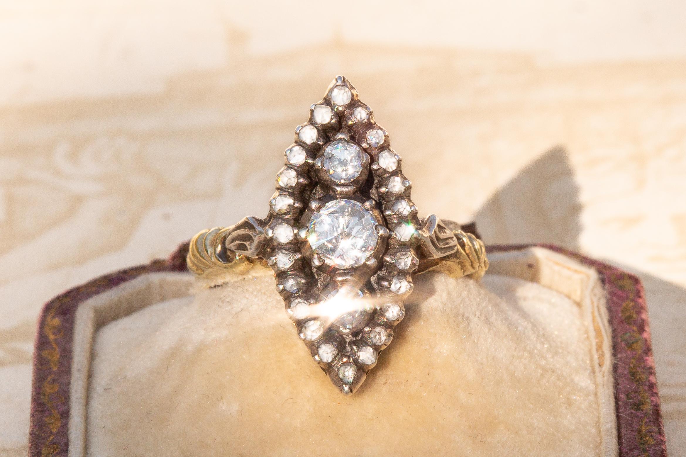 Antique Dutch Rose Cut Diamond 14K Gold Navette Marquise Cluster Ring  3