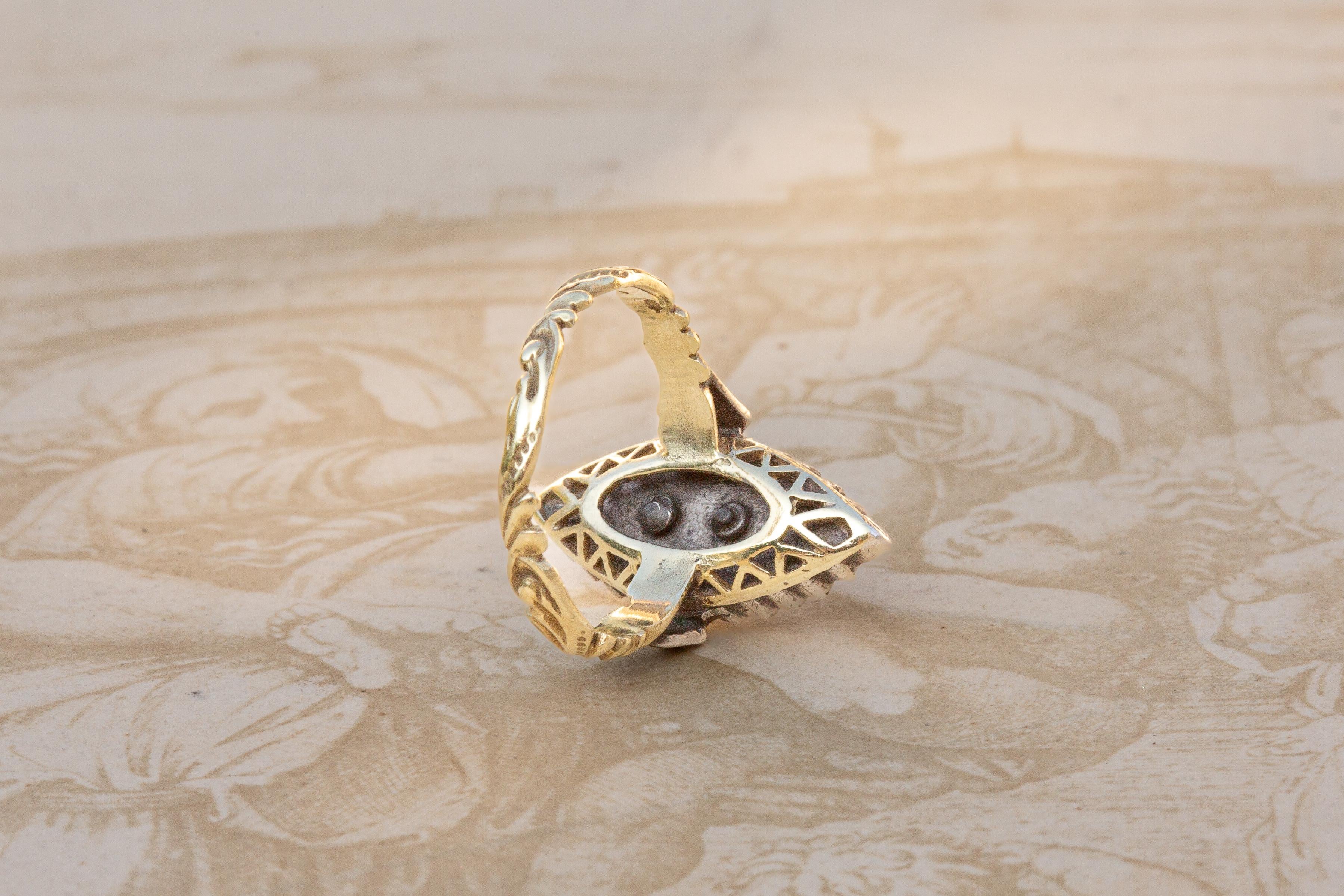 Antique Dutch Rose Cut Diamond 14K Gold Navette Marquise Cluster Ring In Excellent Condition In London, GB
