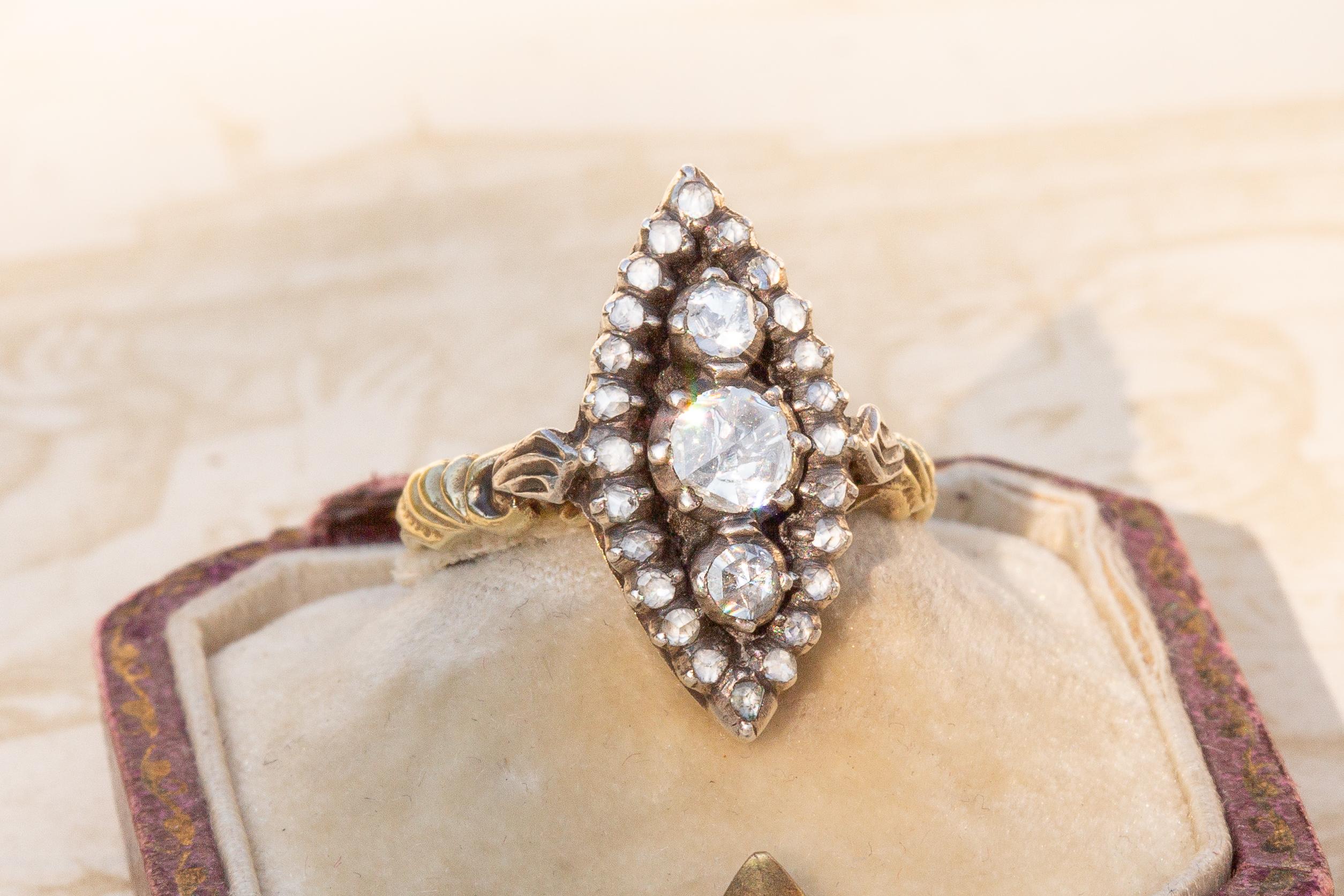 Women's or Men's Antique Dutch Rose Cut Diamond 14K Gold Navette Marquise Cluster Ring 