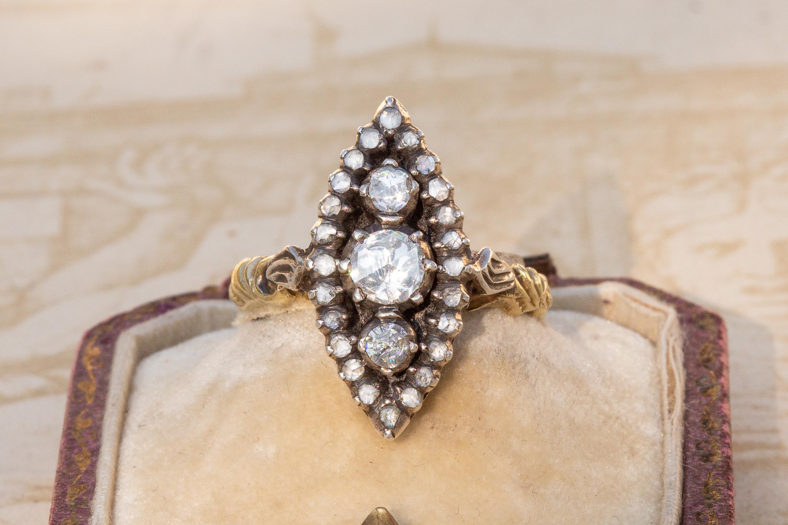Antique Dutch Rose Cut Diamond 14K Gold Navette Marquise Cluster Ring  1