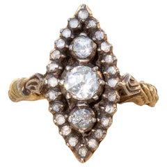 Antique Dutch Rose Cut Diamond 14K Gold Navette Marquise Cluster Ring