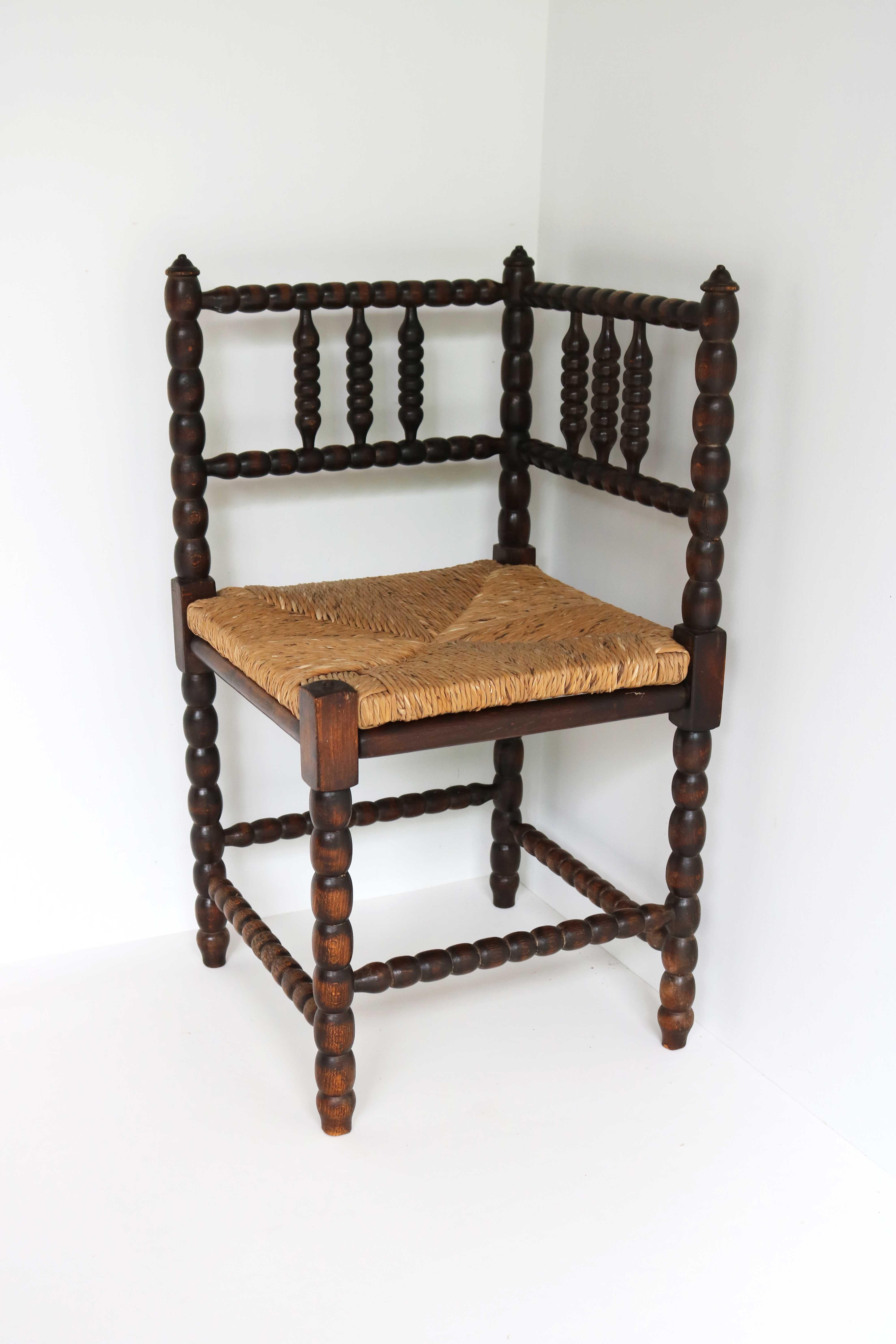 Country Antique Dutch Ruch-Seat Oak Corner Bobbin Chair Turned Hand Crafted 1900 For Sale