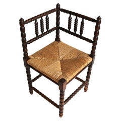 Antique Dutch Ruch-Seat Oak Corner Bobbin Chair Turned Hand Crafted 1900