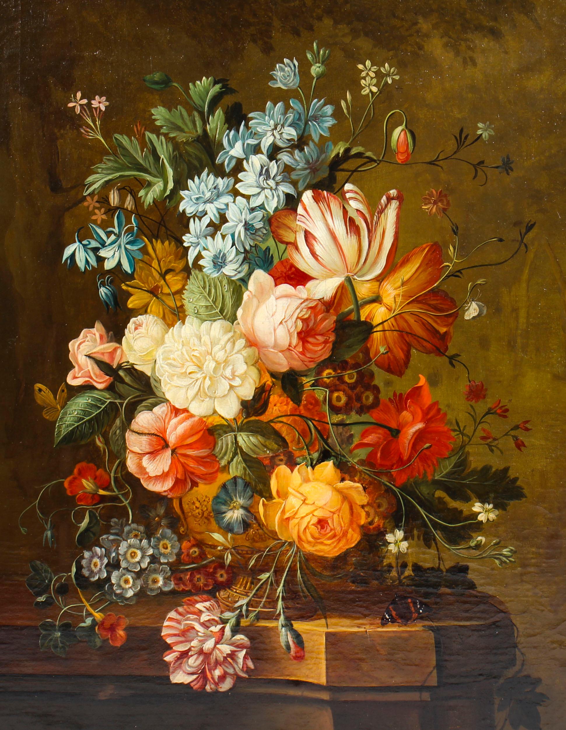This is a magnificent antique Dutch School floral still life oil on canvas painting with a stunning gilt gesso frame, late 18th century in date.
 
This splendid painting is rectangular in shape and features brightly illuminated pastel-tinted roses