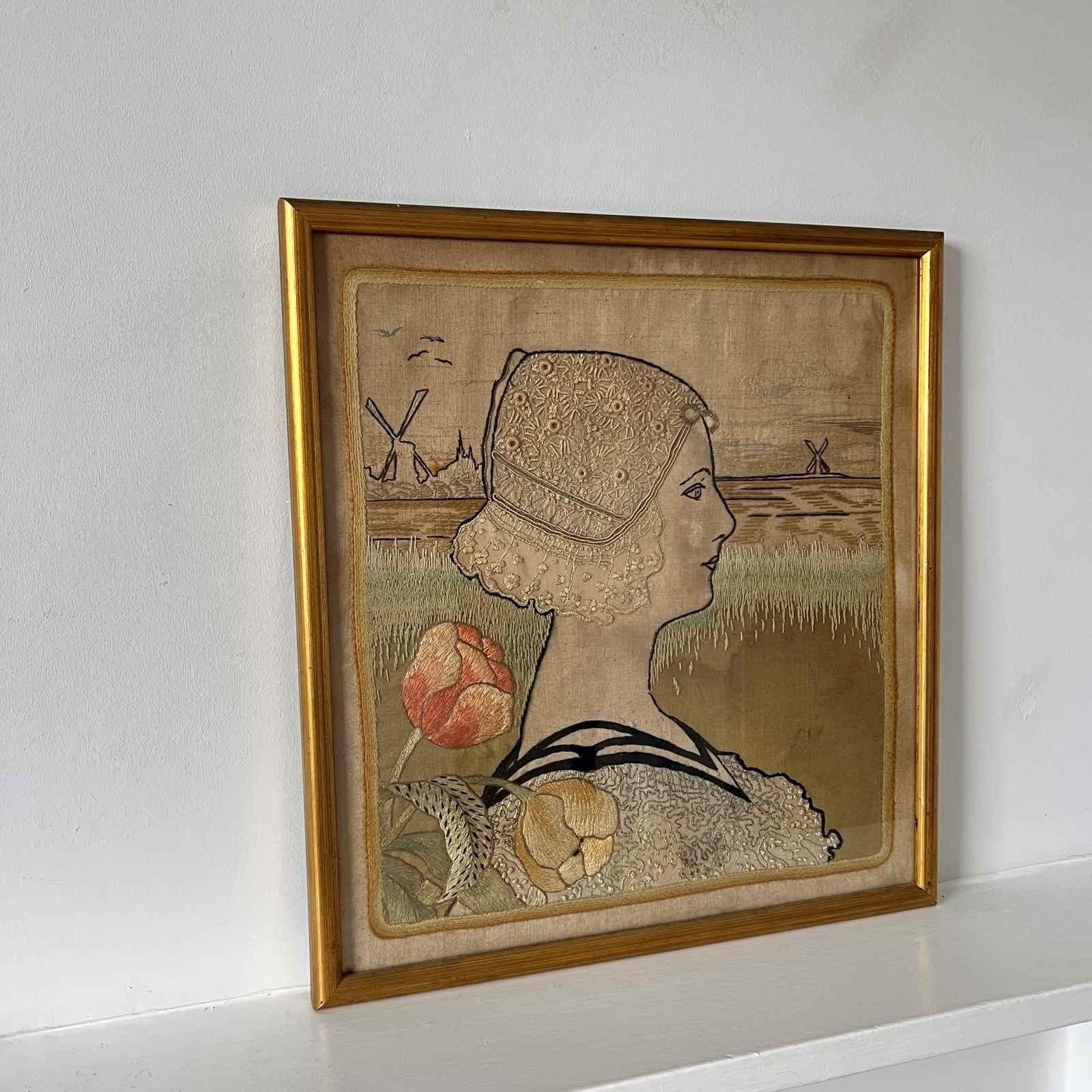 Art Nouveau Antique Dutch Silk Embroidery Of Queen Wilhelmina Of The Netherlands