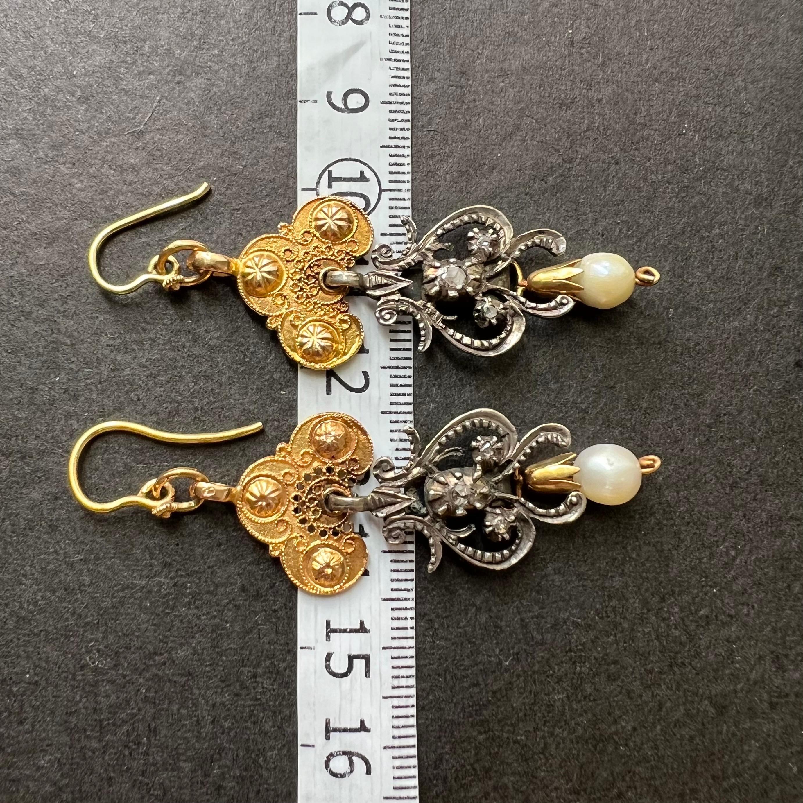 Boucles d'oreilles néerlandaises anciennes en argent et or avec diamants taille rose et perles en vente 7