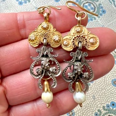 Antique Dutch Silver and Gold Rose Cut Diamond and Pearl Earrings