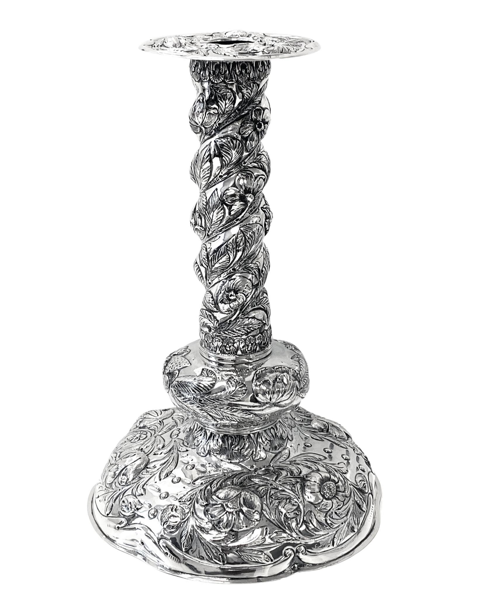 Large Antique Dutch Silver Candlesticks of late 17th century style, The Hague C.1840. Most unusual style, each on dome shaped slightly scalloped bases rising to bulbous lower stem, spiral twist upper stem, detachable sconces conforming in design.