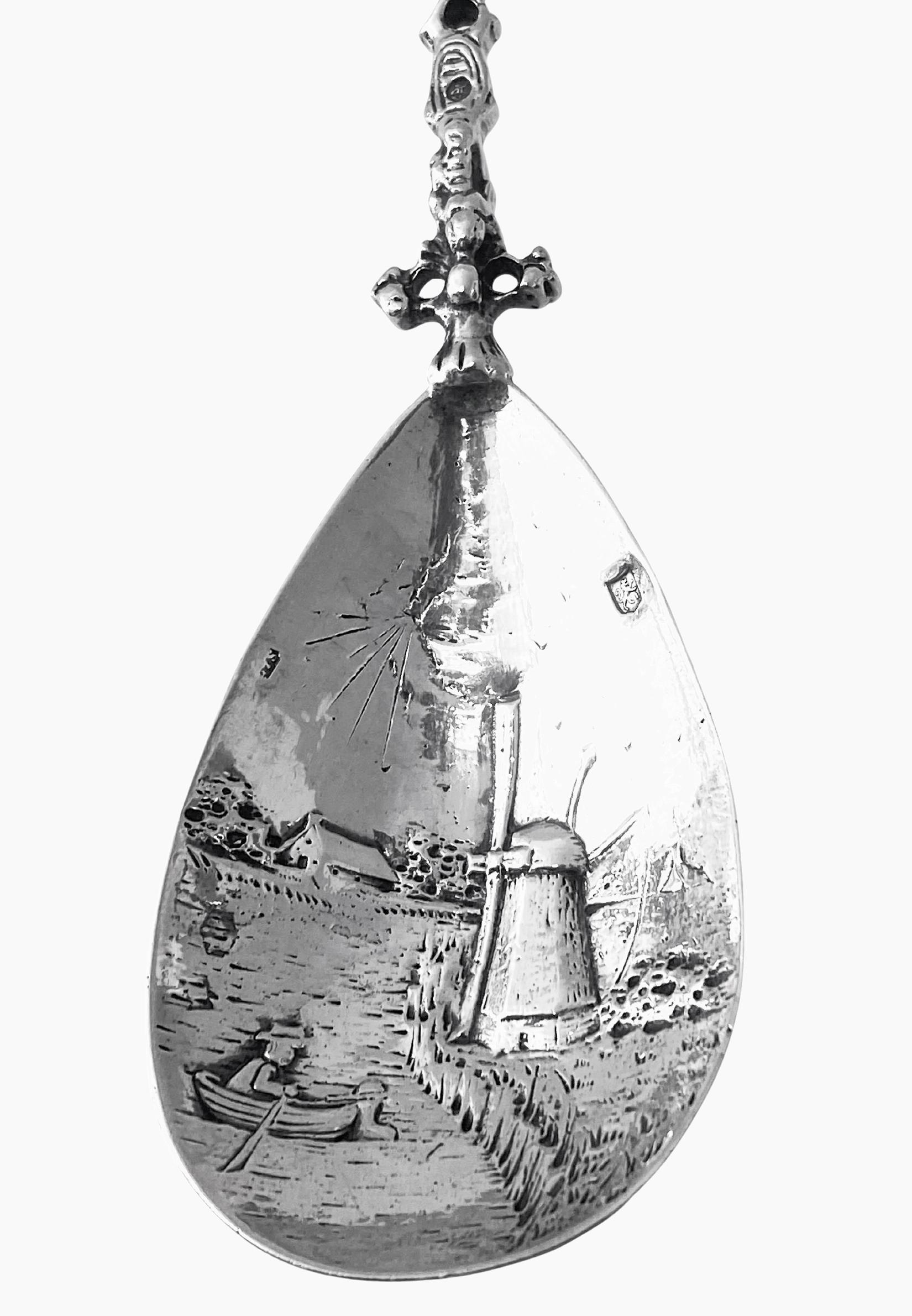 Sterling Silver Antique Dutch Silver figural Spoon Dutch scene bowl Amsterdam 1903 For Sale