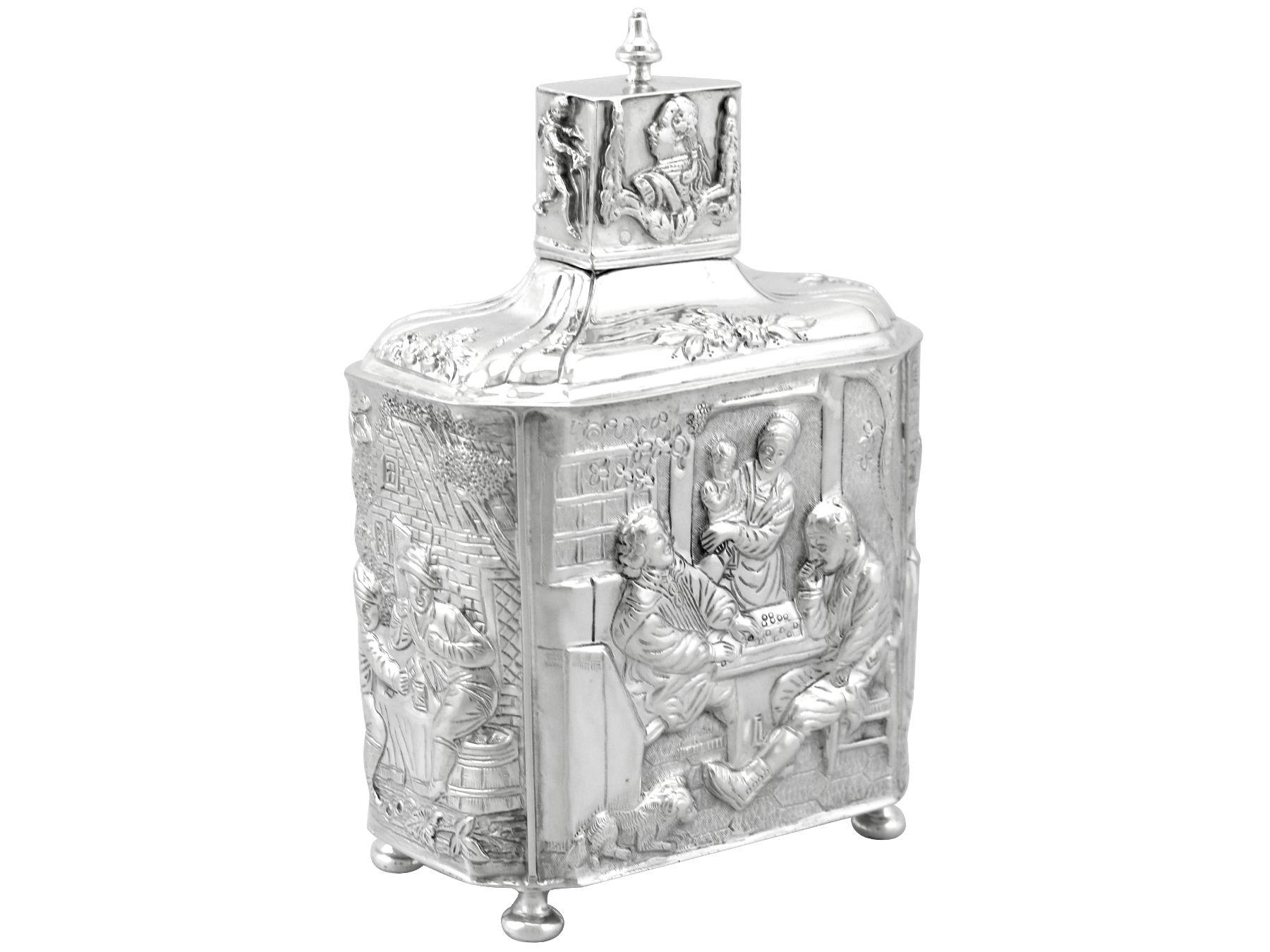 An exceptional, fine and impressive, large antique Dutch silver tea caddy; an addition to our silver teaware collection.

This exceptional and large Dutch silver tea caddy has a chamfered rectangular shaped form onto four cushion feet.

The