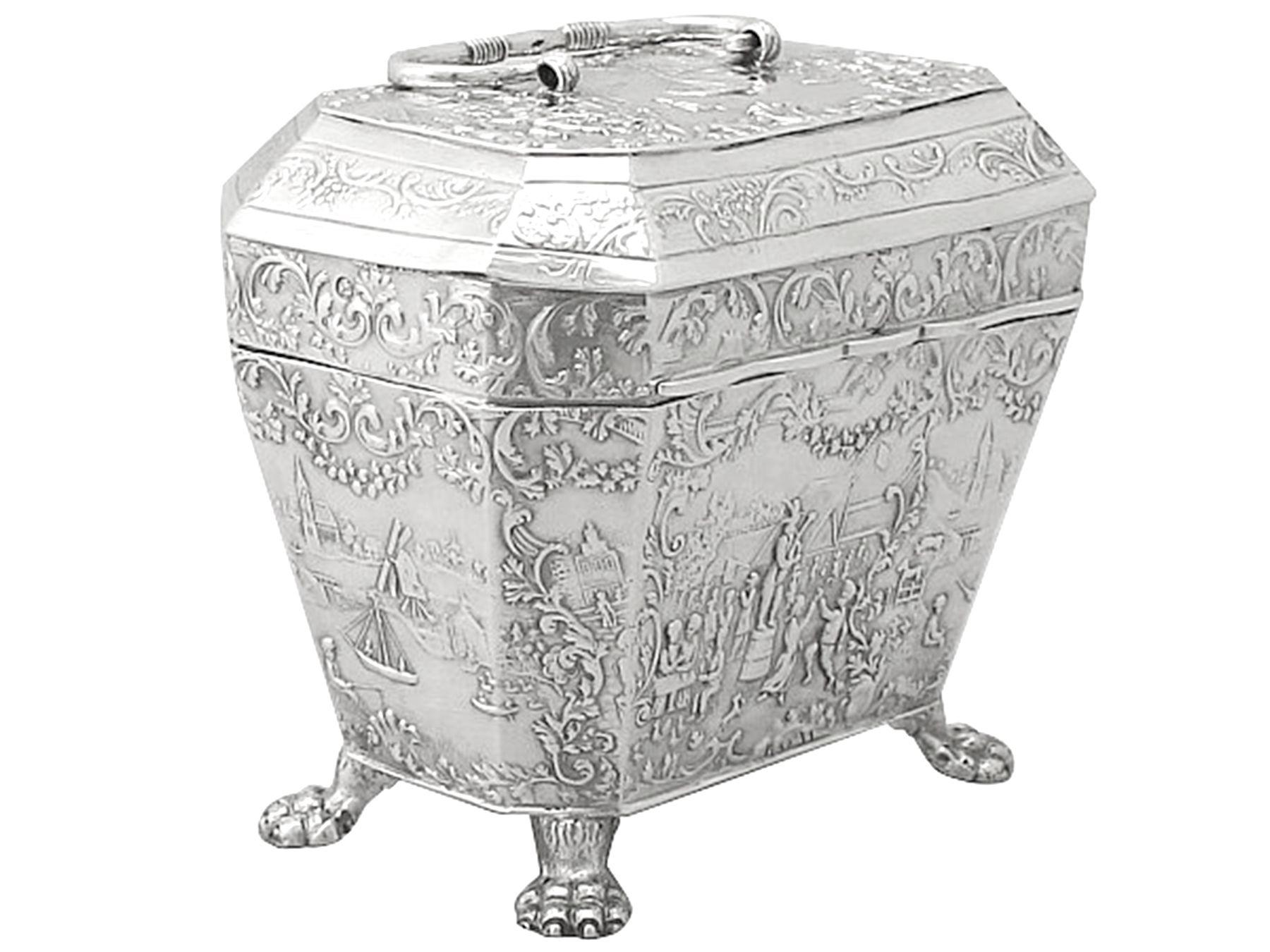 An exceptional, fine and impressive antique Dutch silver tea caddy; an addition to our silver teaware collection

This exceptional Dutch silver tea caddy has been realistically modelled in the form of a classic antique wine cooler and has a