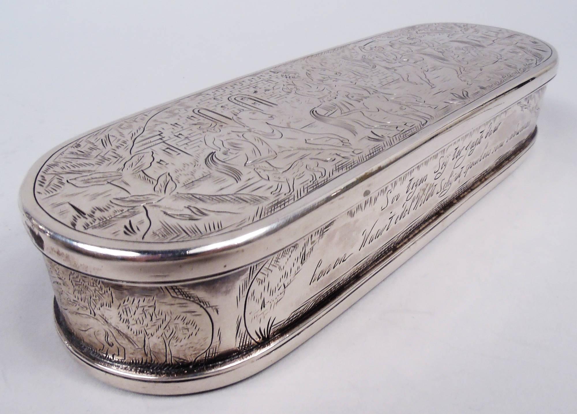 Biedermeier Boîte à tabac hollandaise ancienne en argent avec scènes pastorales gravées, 1803 en vente