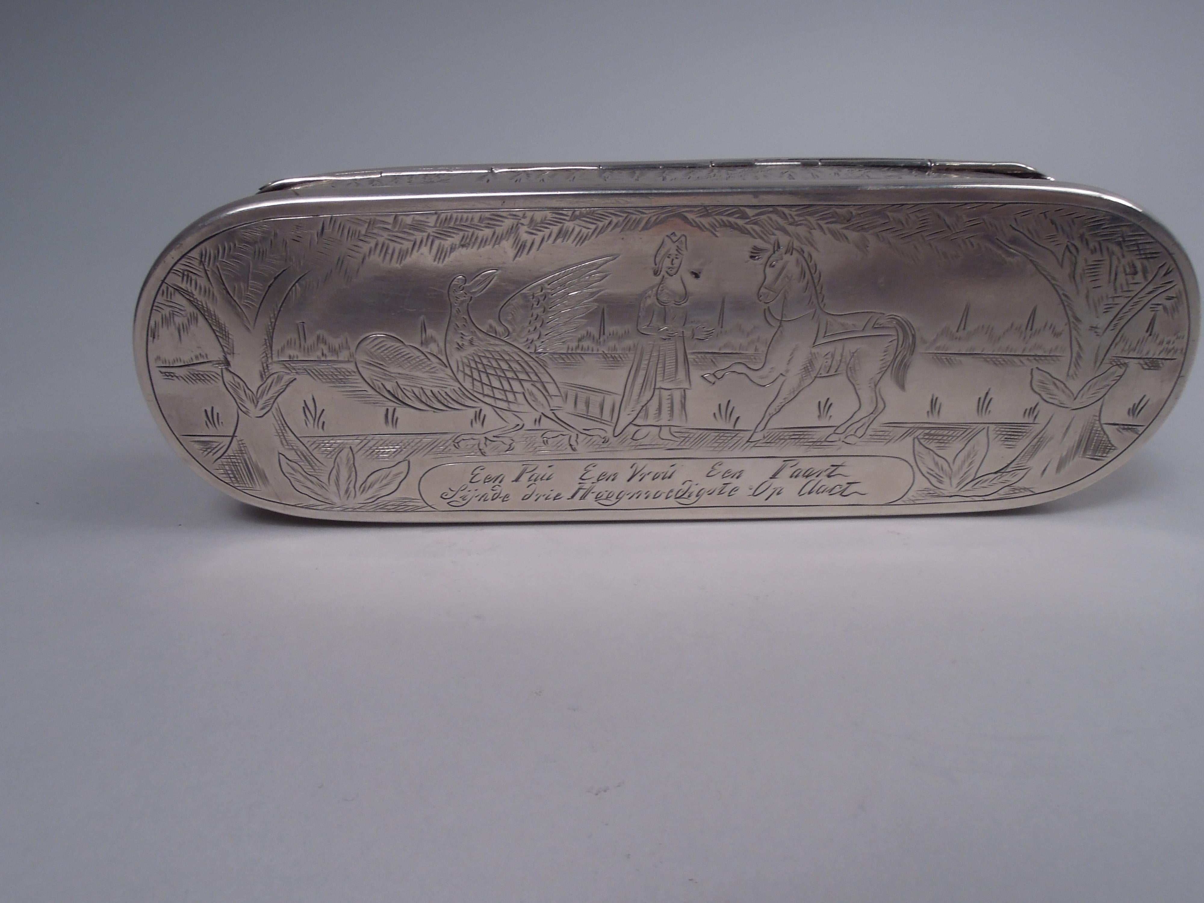 Argent Boîte à tabac hollandaise ancienne en argent avec scènes pastorales gravées, 1803 en vente