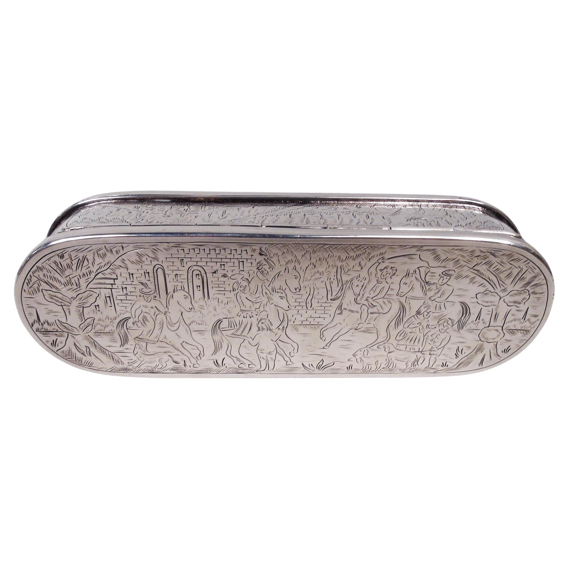 Antique Dutch Silver Tobacco Box with Engraved Pastoral Scenes, 1803