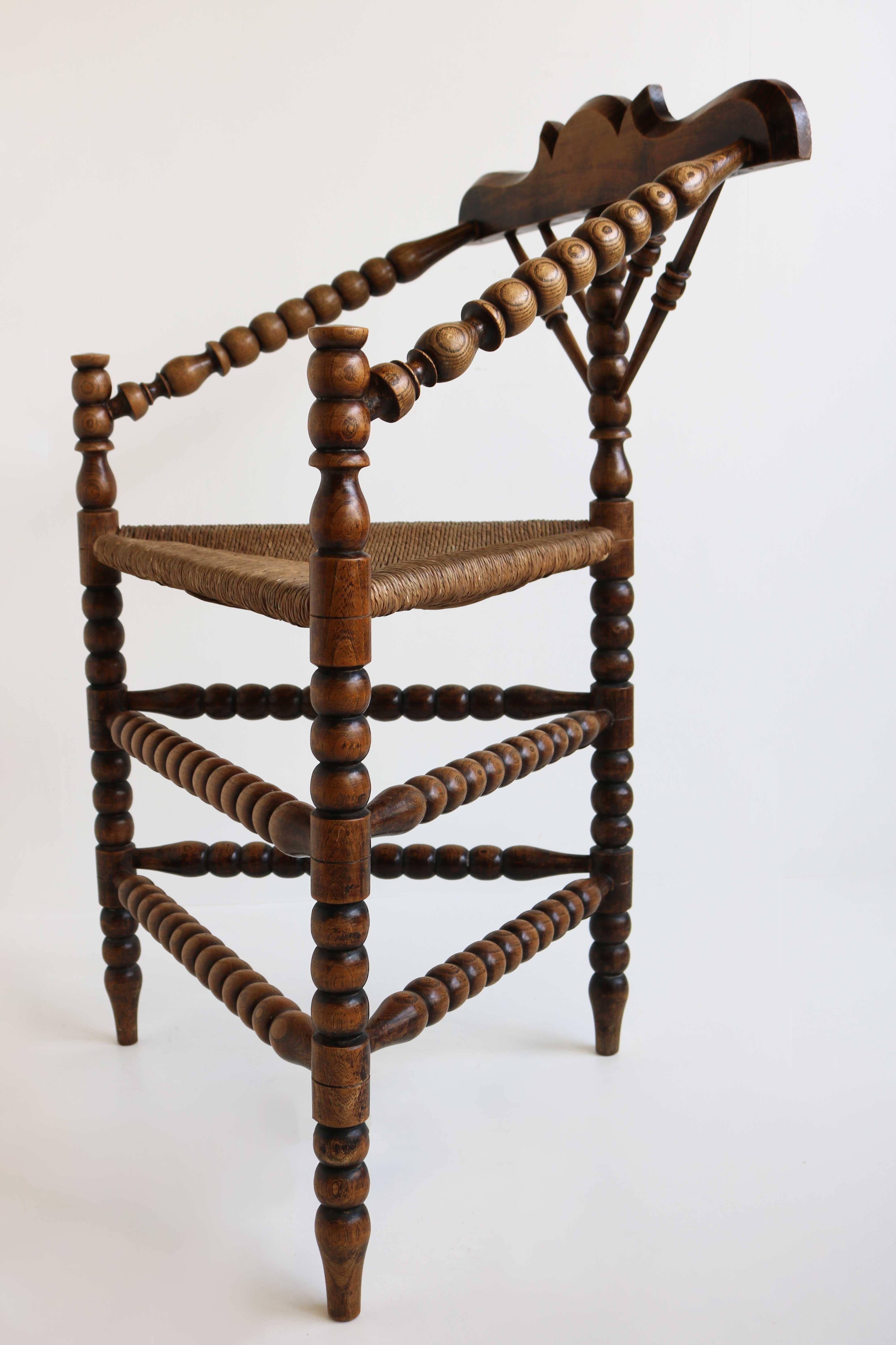 Wicker Antique Dutch Triangular Turned Bobbin Corner Chair Rush Seat Knitting Armchair