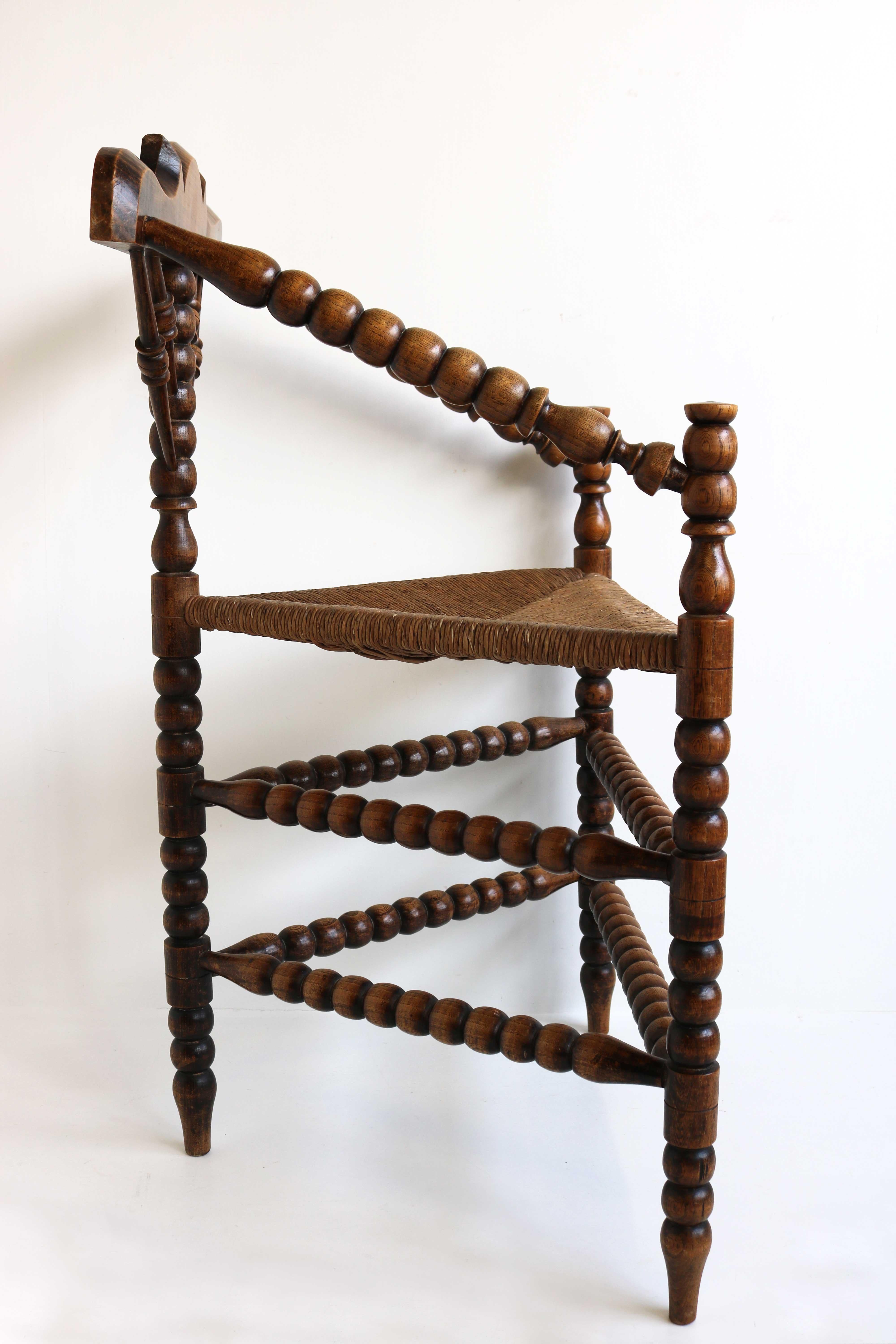 Antique Dutch Triangular Turned Bobbin Corner Chair Rush Seat Knitting Armchair 2
