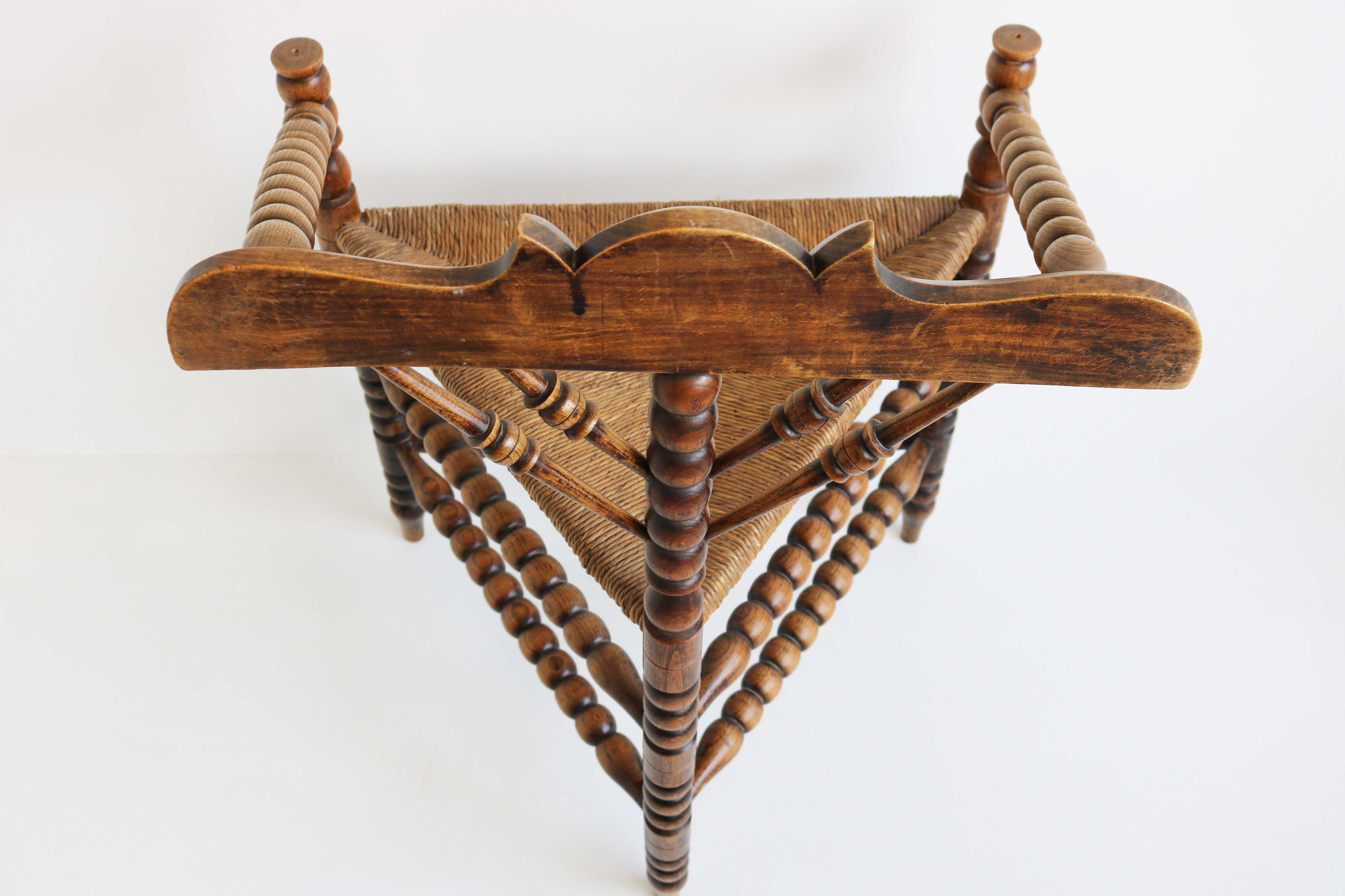 Antique Dutch Triangular Turned Bobbin Corner Chair Rush Seat Knitting Armchair 3