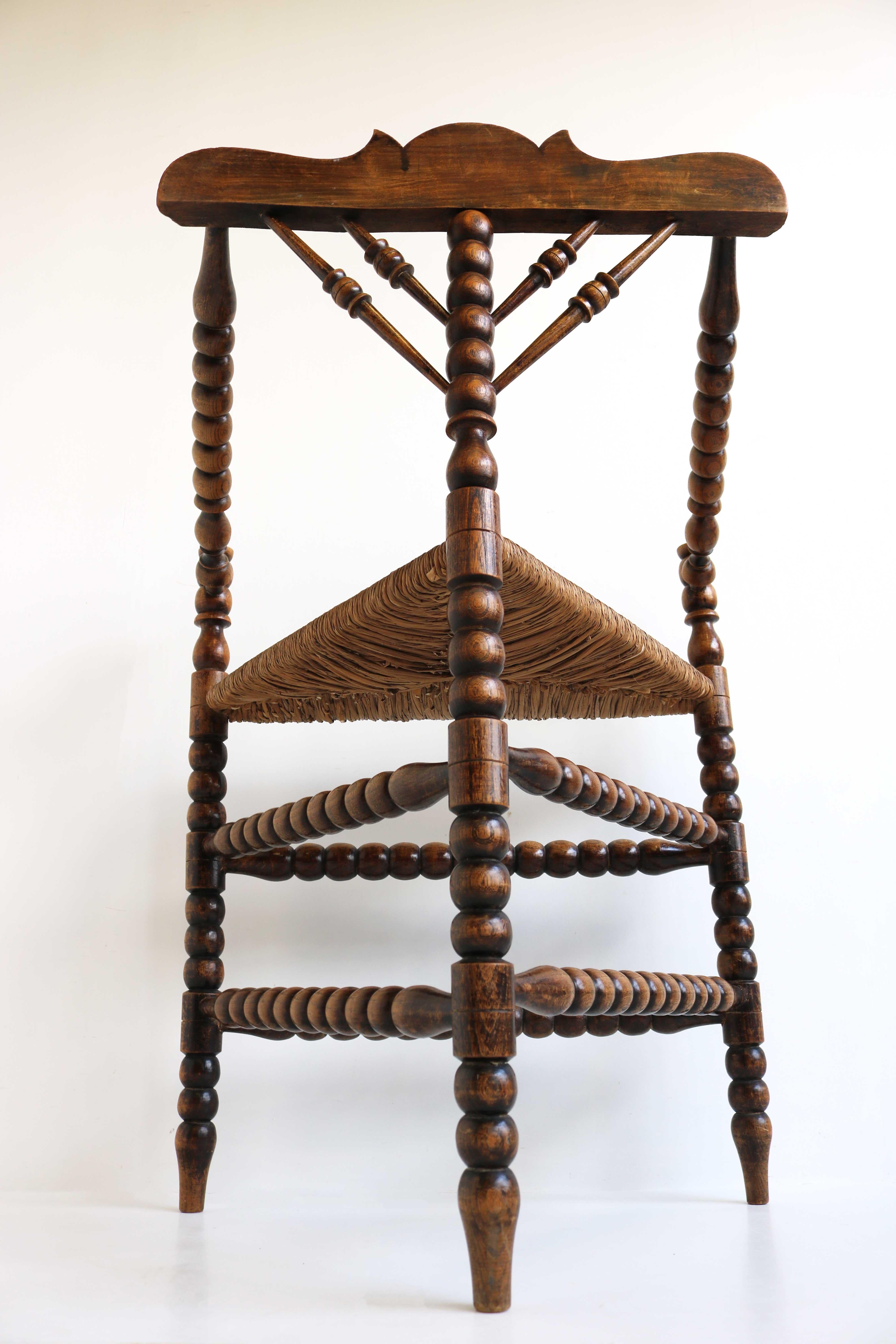 Antique Dutch Triangular Turned Bobbin Corner Chair Rush Seat Knitting Armchair 4
