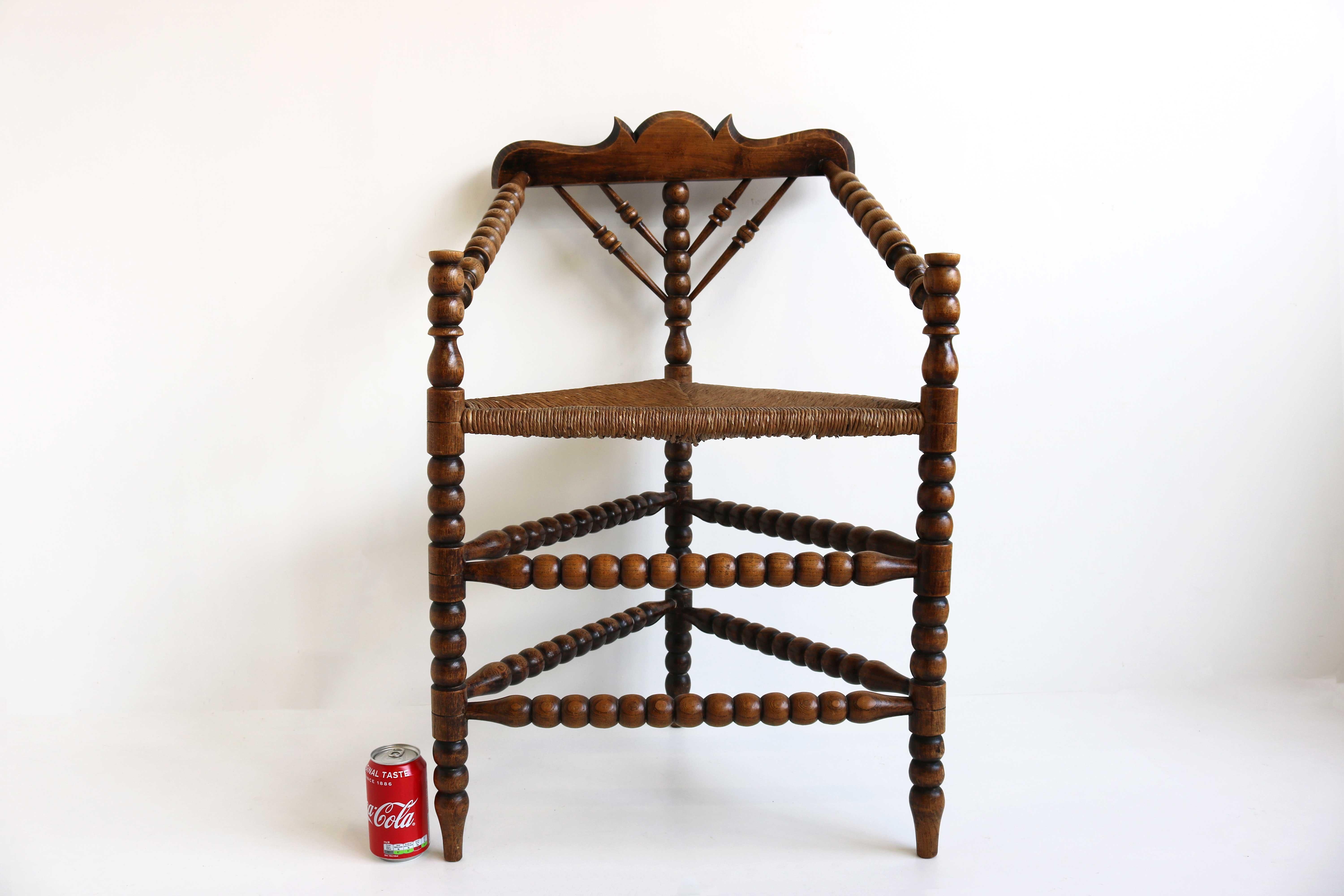 Antique Dutch Triangular Turned Bobbin Corner Chair Rush Seat Knitting Armchair 5