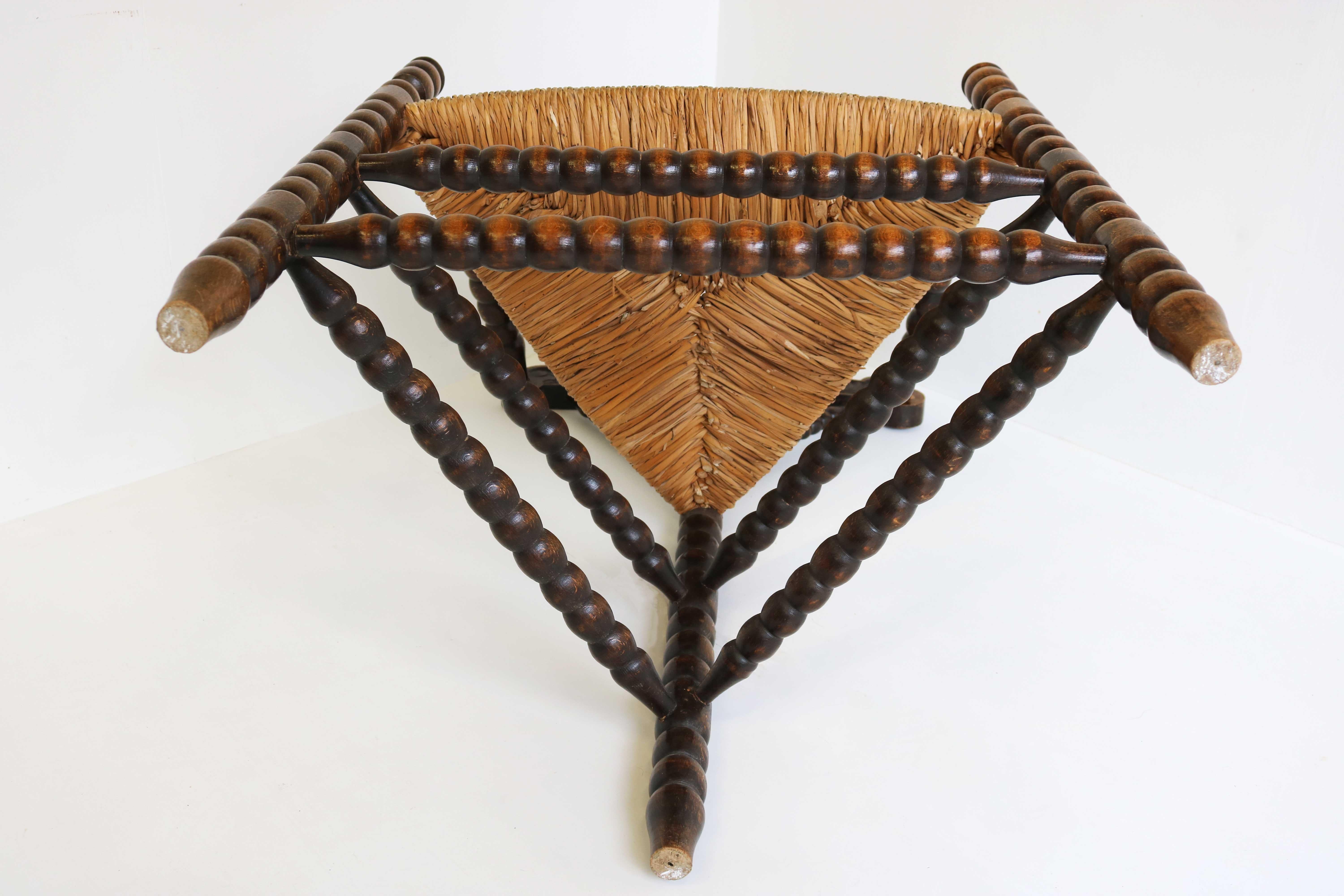 Antique Dutch Triangular Turned Bobbin Corner Chair Rush Seat Knitting Armchair For Sale 9
