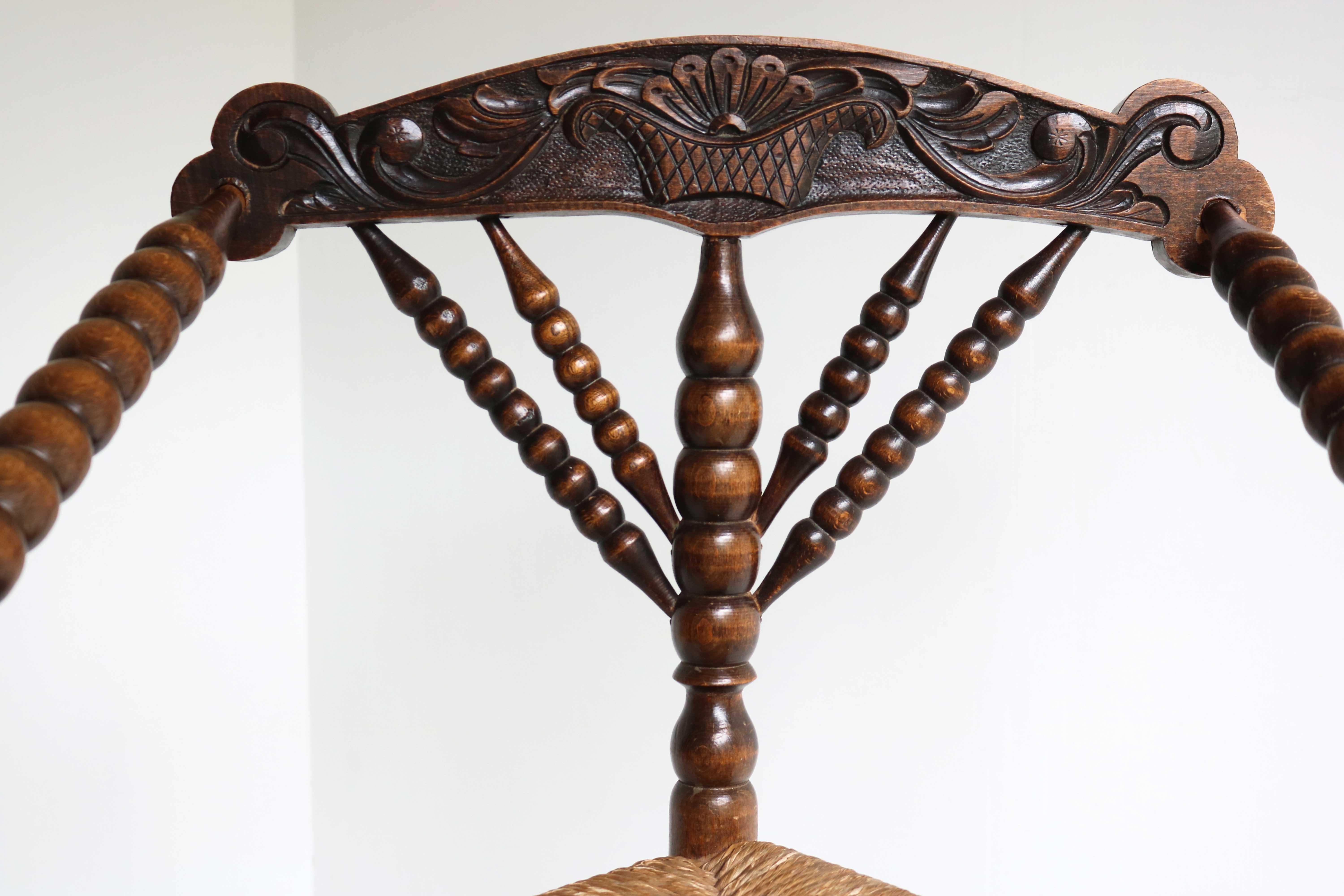 Antique Dutch Triangular Turned Bobbin Corner Chair Rush Seat Knitting Armchair For Sale 12