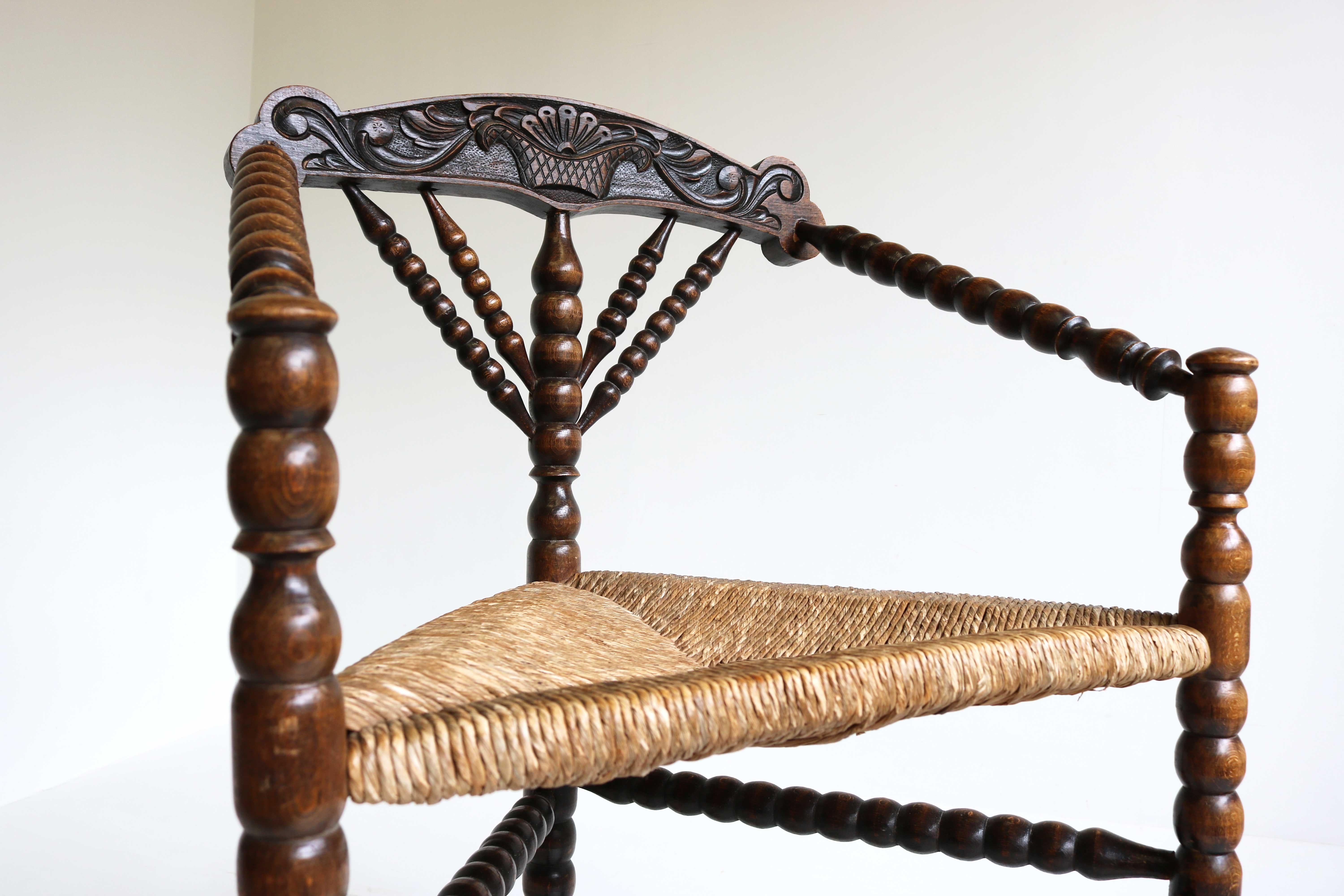Rustic Antique Dutch Triangular Turned Bobbin Corner Chair Rush Seat Knitting Armchair For Sale