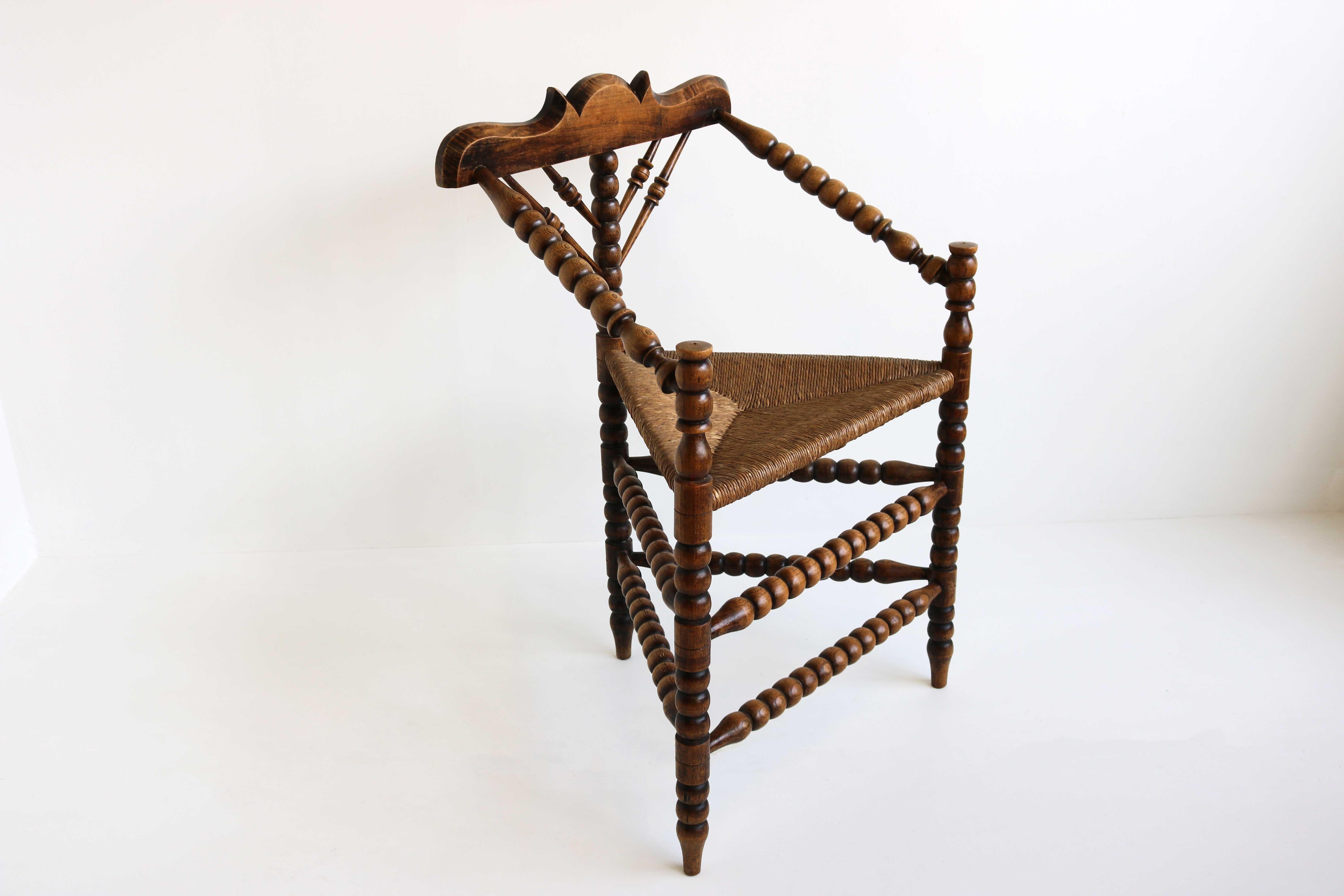 Rustic Antique Dutch Triangular Turned Bobbin Corner Chair Rush Seat Knitting Armchair