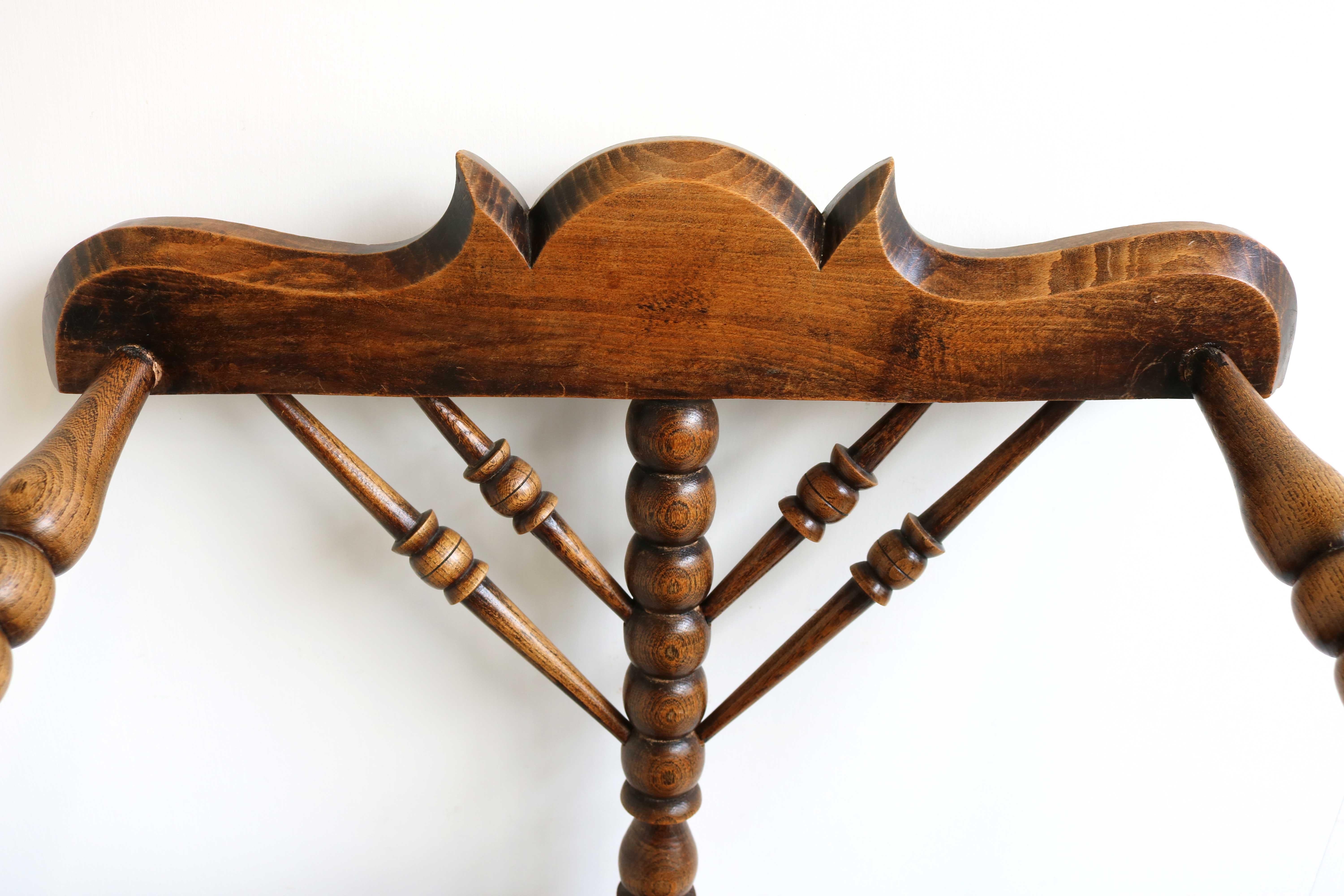 Hand-Crafted Antique Dutch Triangular Turned Bobbin Corner Chair Rush Seat Knitting Armchair