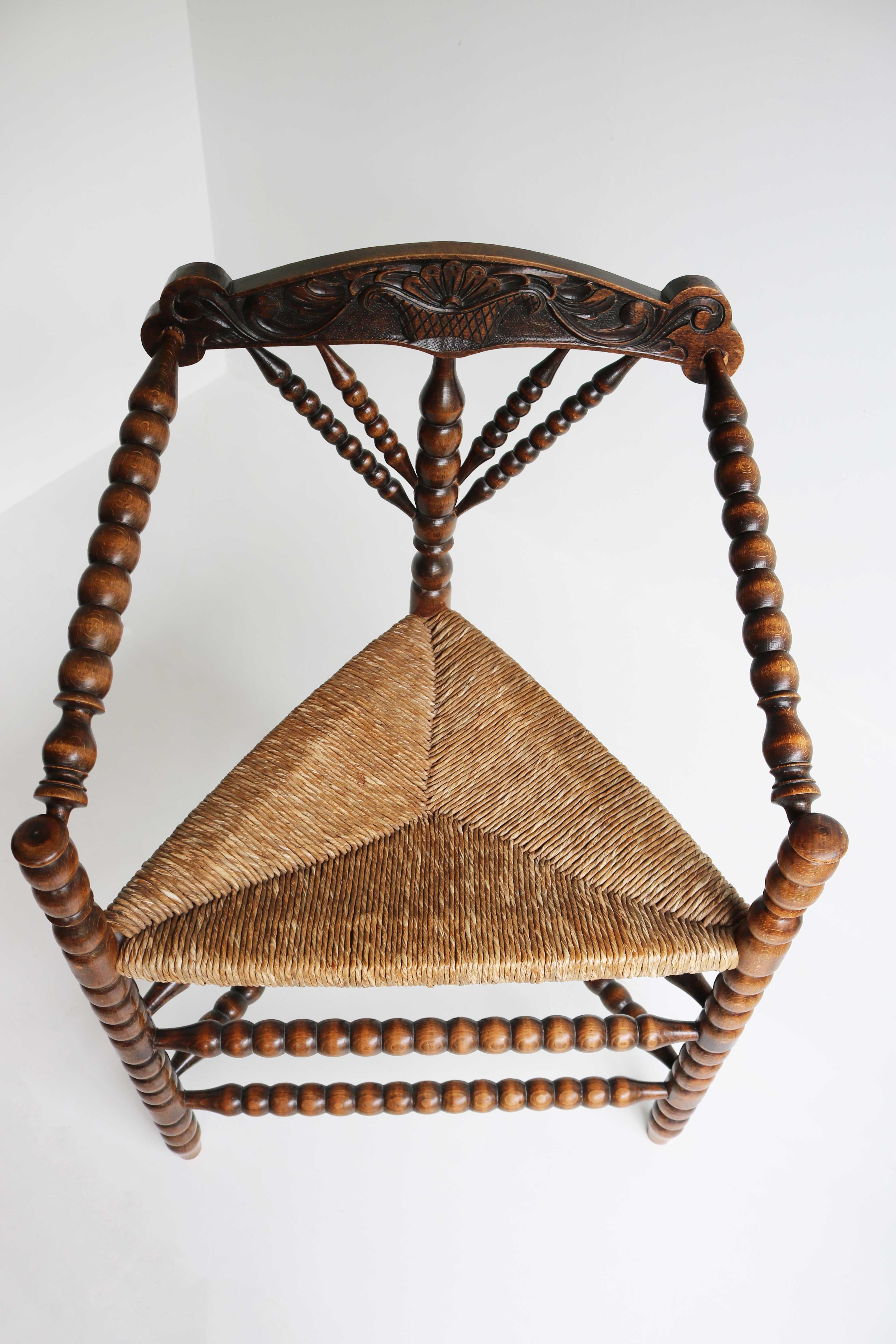Wicker Antique Dutch Triangular Turned Bobbin Corner Chair Rush Seat Knitting Armchair For Sale