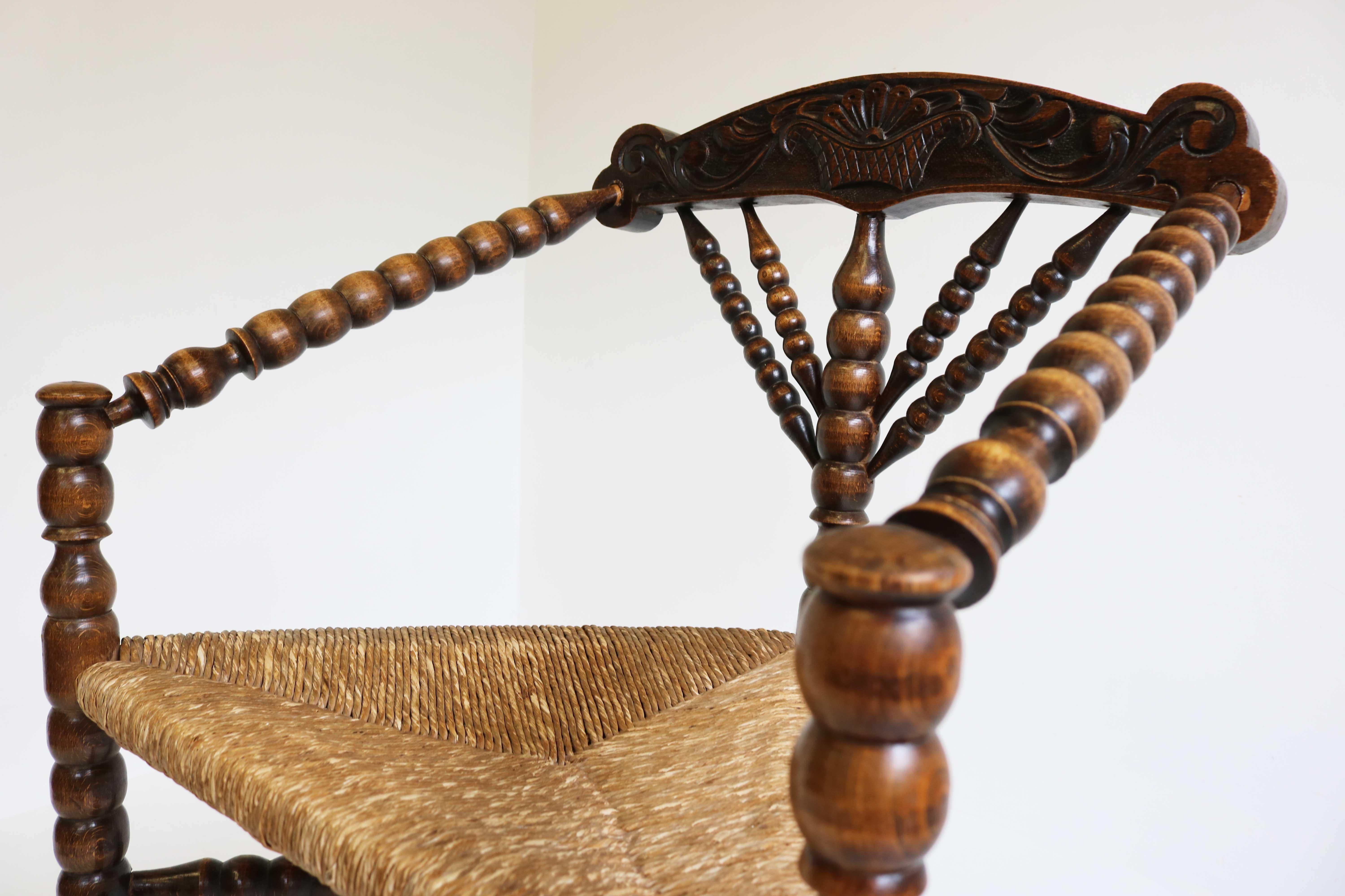 19th Century Antique Dutch Triangular Turned Bobbin Corner Chair Rush Seat Knitting Armchair For Sale