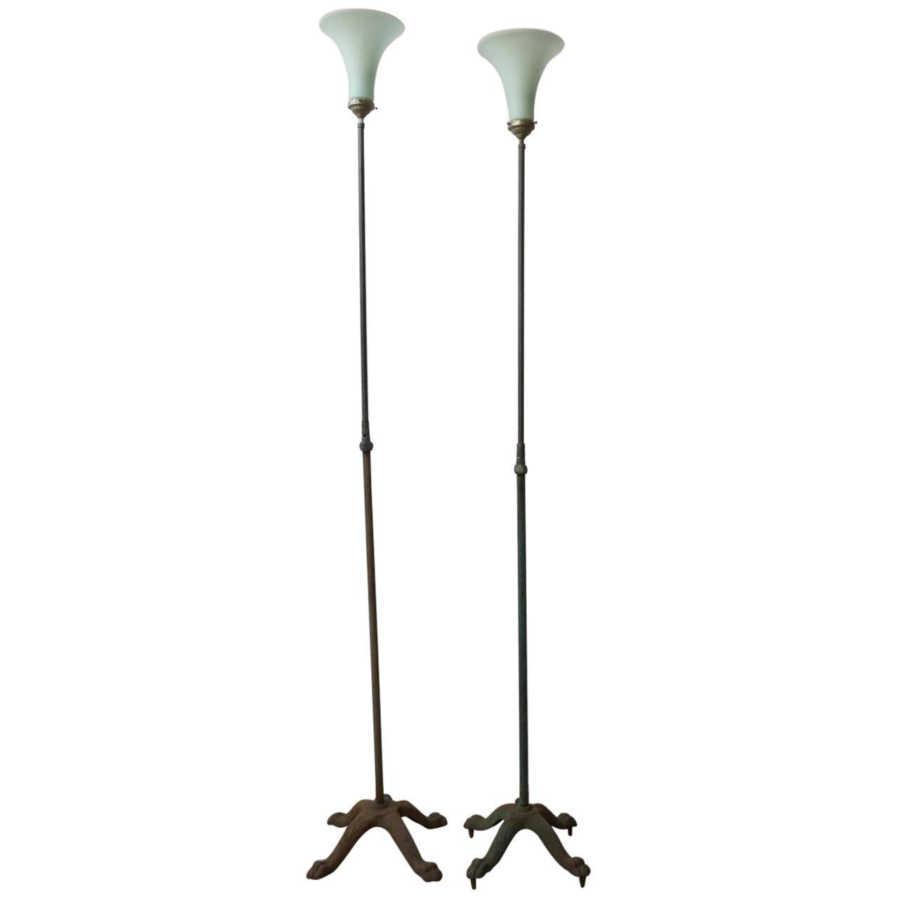 Antique Dutch Uplighter Glass Shade Floor Lamps '2' For Sale