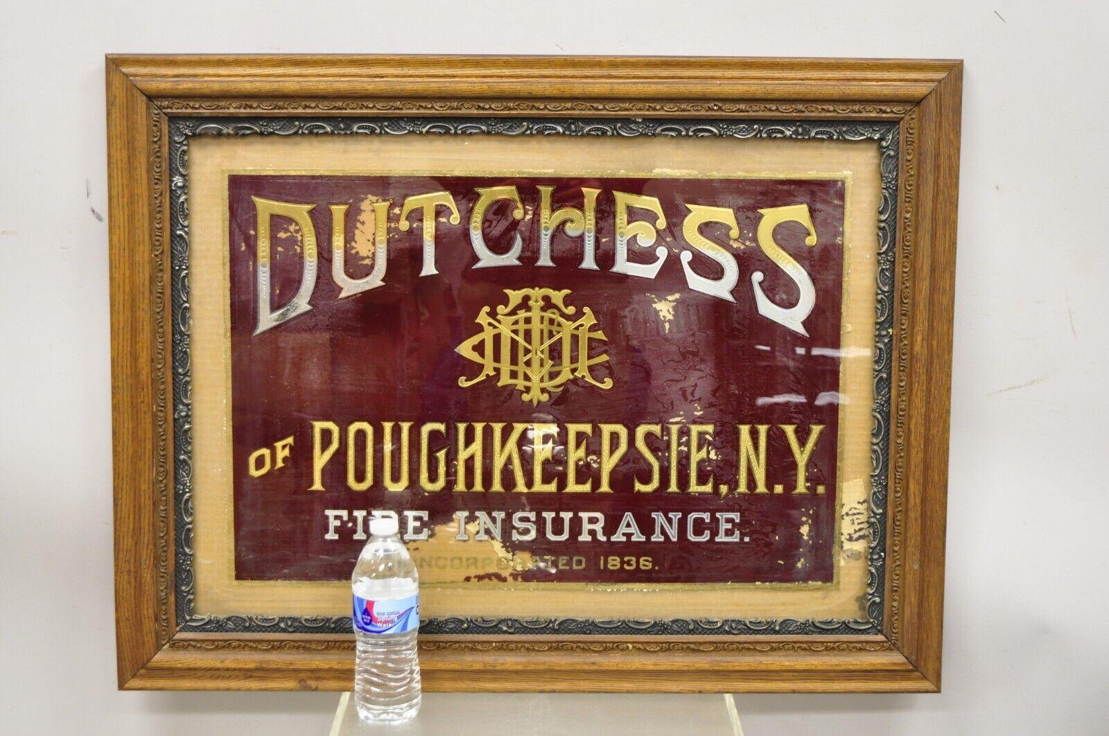 Antique Dutchess of Poughkeepsie NY Fire Insurance Reverse Painted Glass Sign For Sale 3