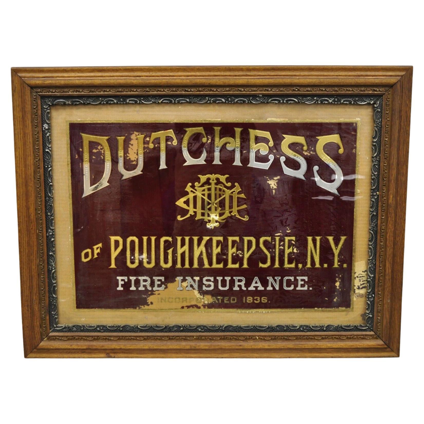 Ancienne enseigne en verre peinte à l'envers représentant l'assurance incendie de Poughkeepsie, New York