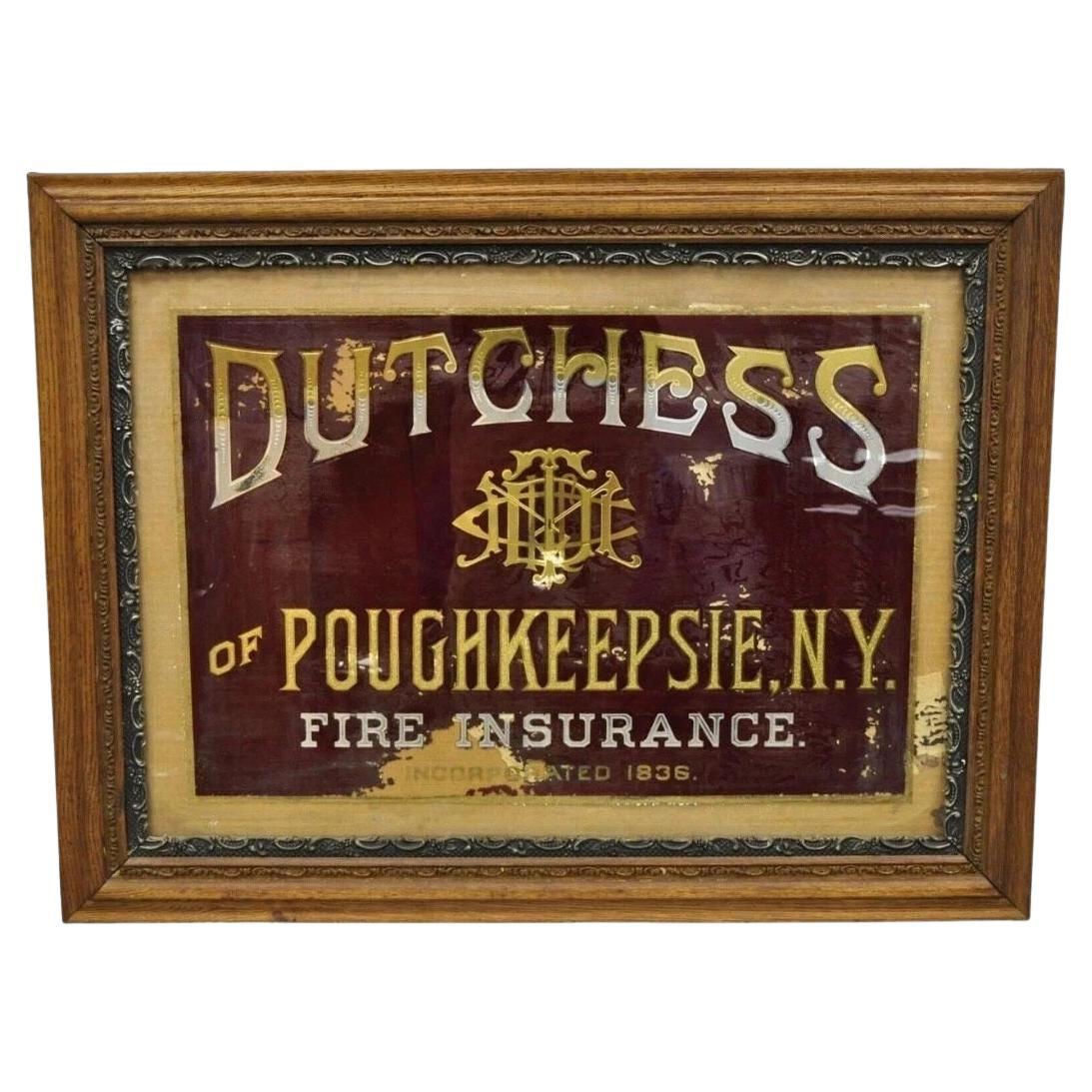 Antique Dutchess of Poughkeepsie NY Fire Insurance Reverse Painted Glass Sign For Sale