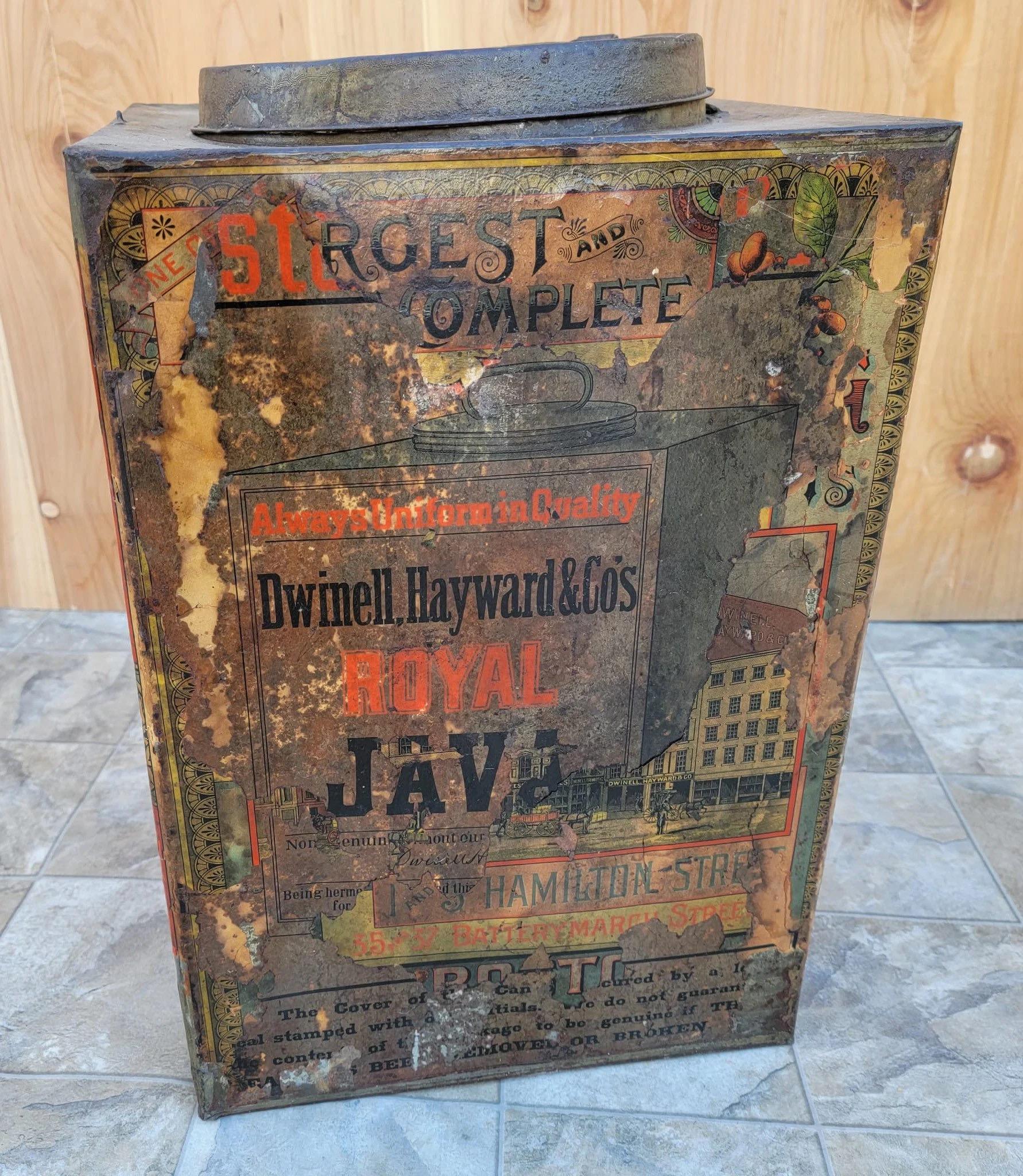 Industriel Antiquités I Hayward & Co Royal Java Large Metal Tin en vente