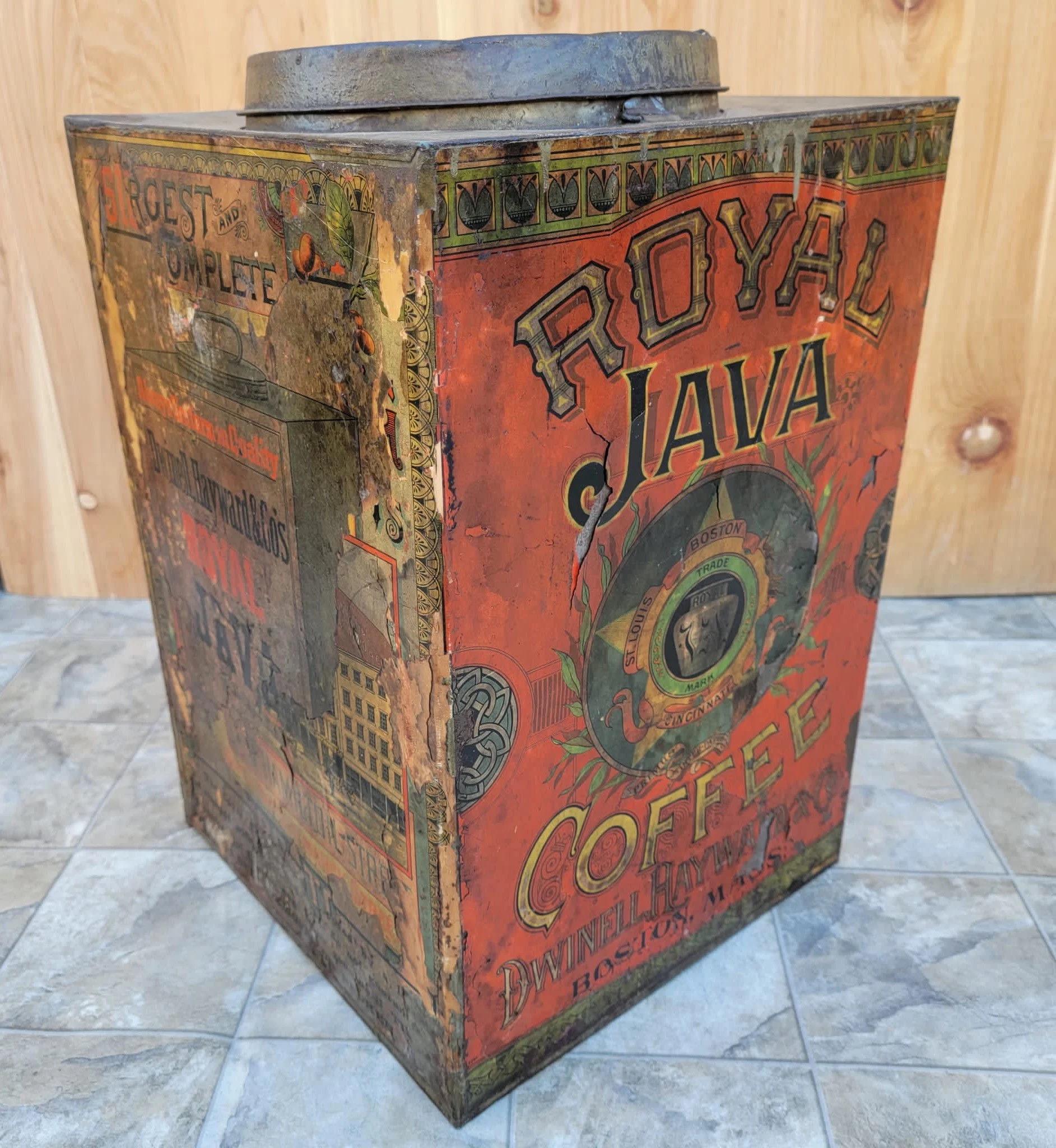 Américain Antiquités I Hayward & Co Royal Java Large Metal Tin en vente