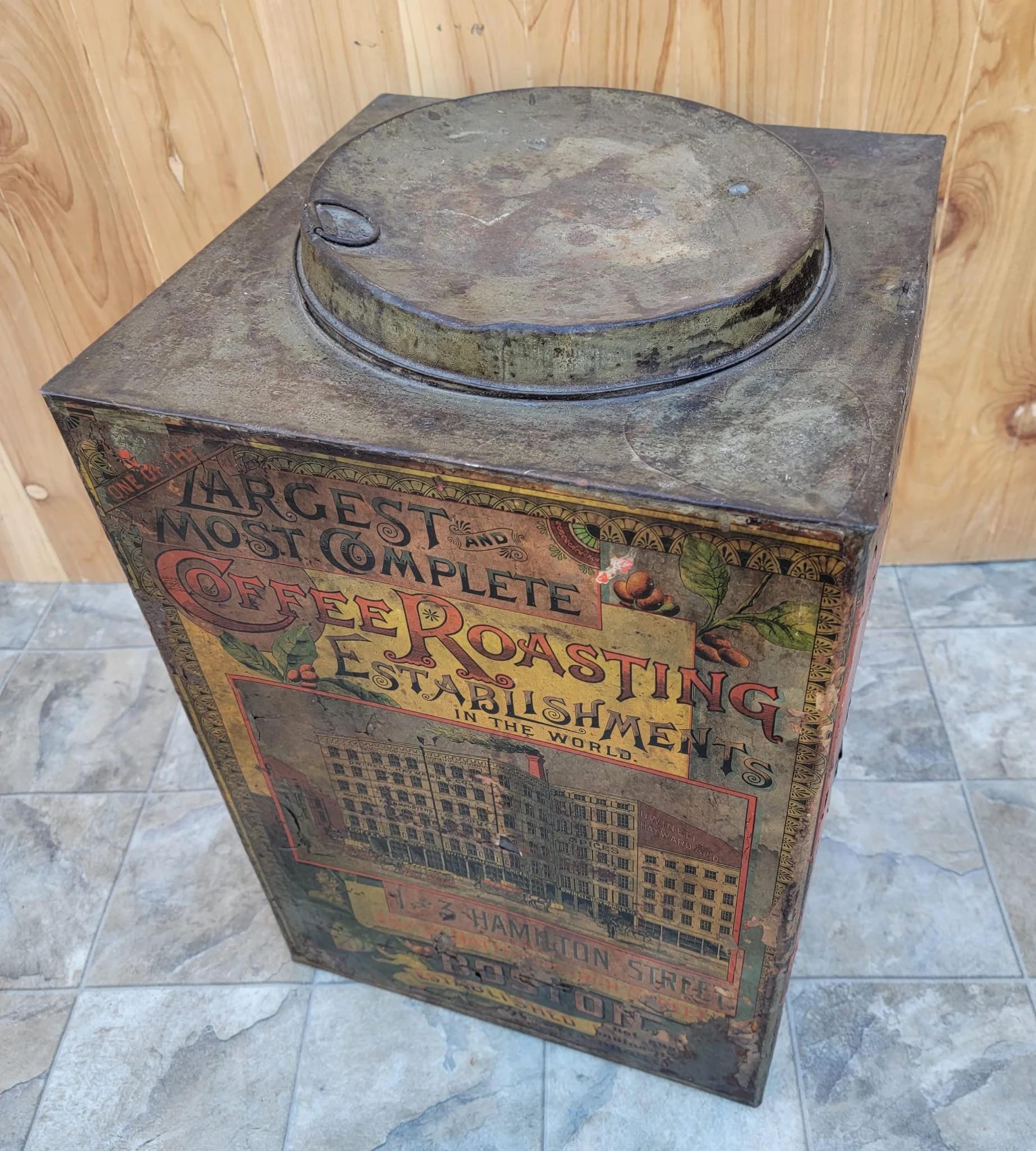 Antiquités I Hayward & Co Royal Java Large Metal Tin Bon état - En vente à Chicago, IL