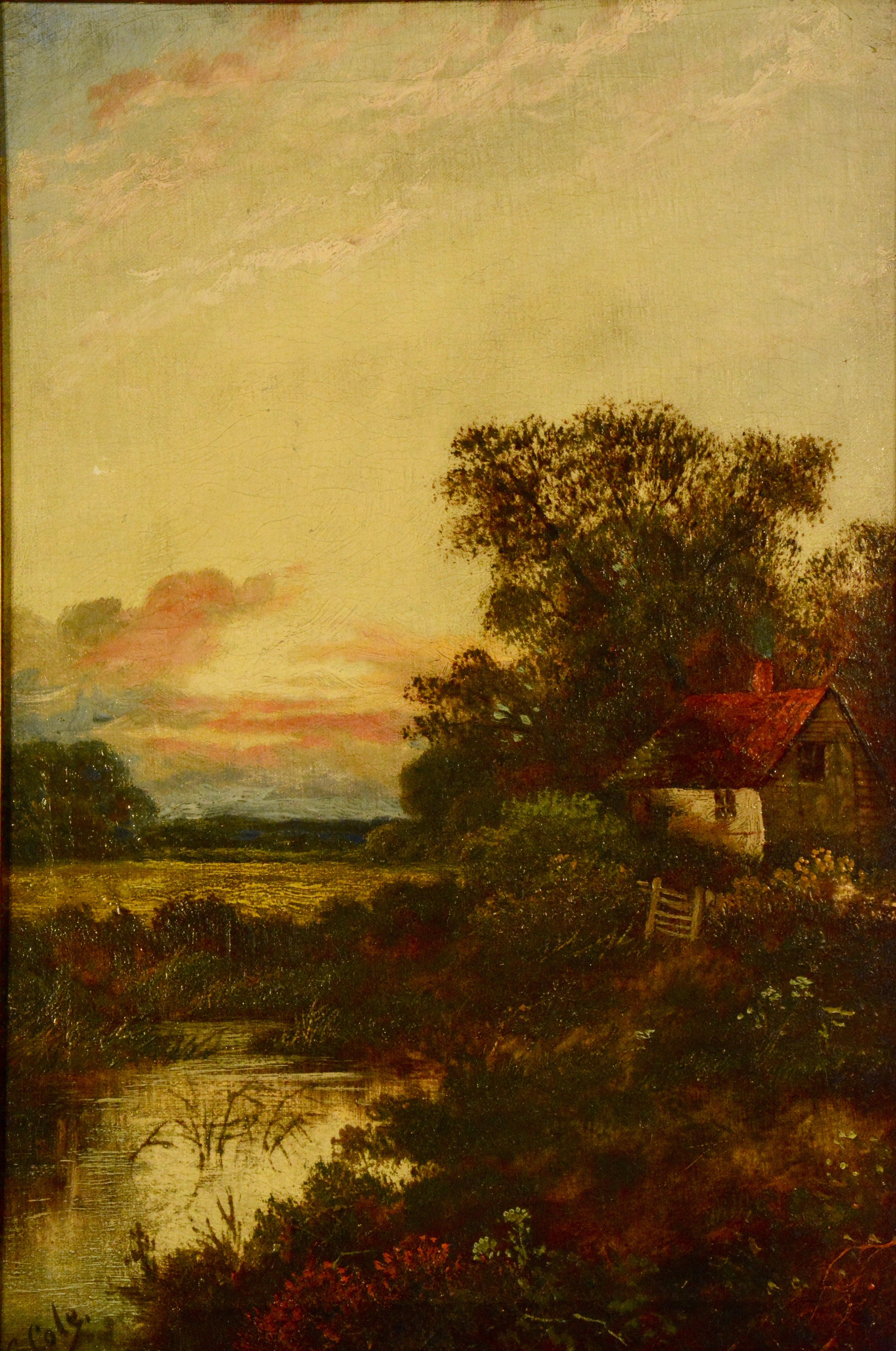 Hand-Painted Antique E. Cole Oil on Canvas Sunset Cottage Landscape For Sale