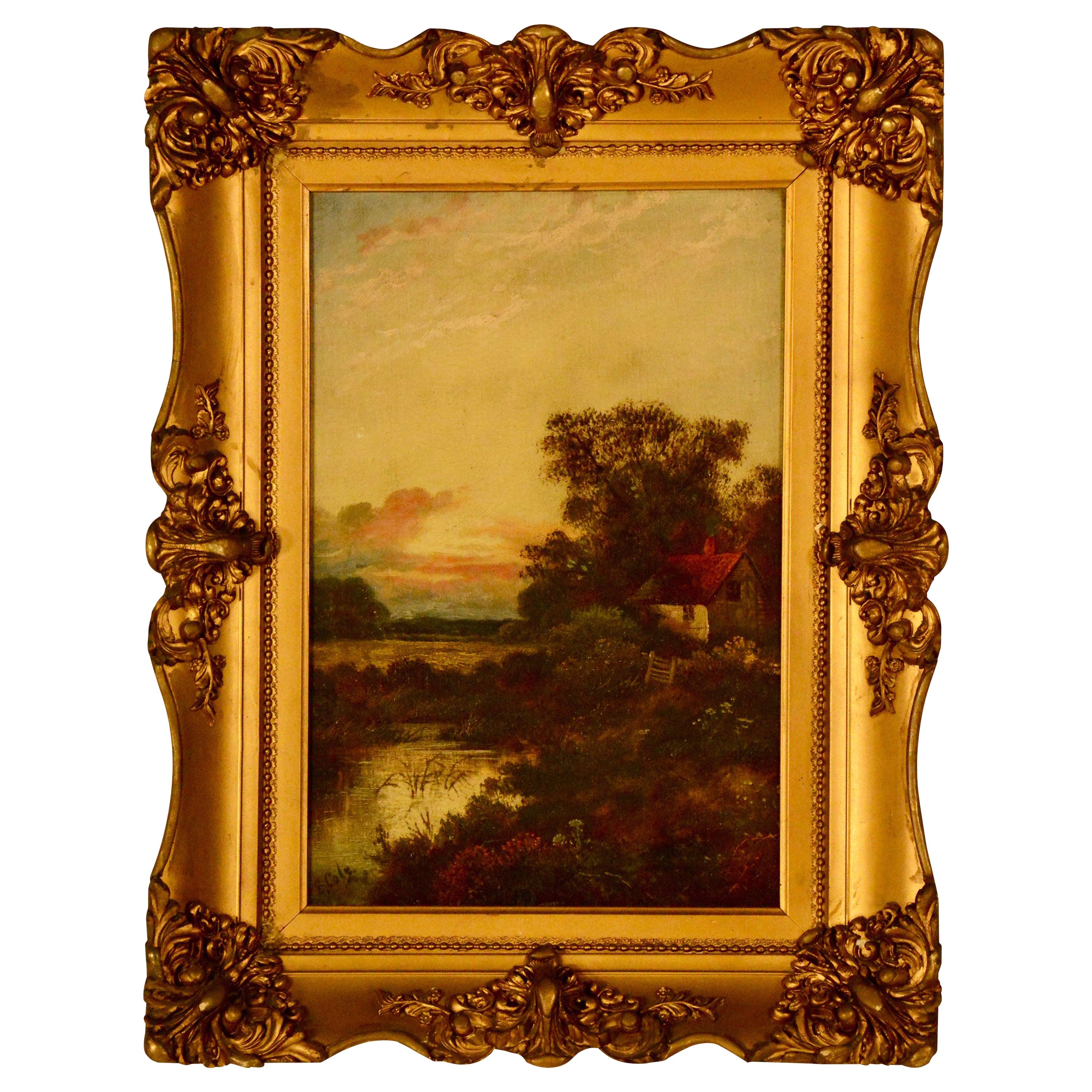 Antique E. Cole Oil on Canvas Sunset Cottage Landscape For Sale