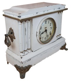 Antiguo E. Ingraham Reloj de manto con carillón de campana de 8 días Latón gótico victoriano blanco